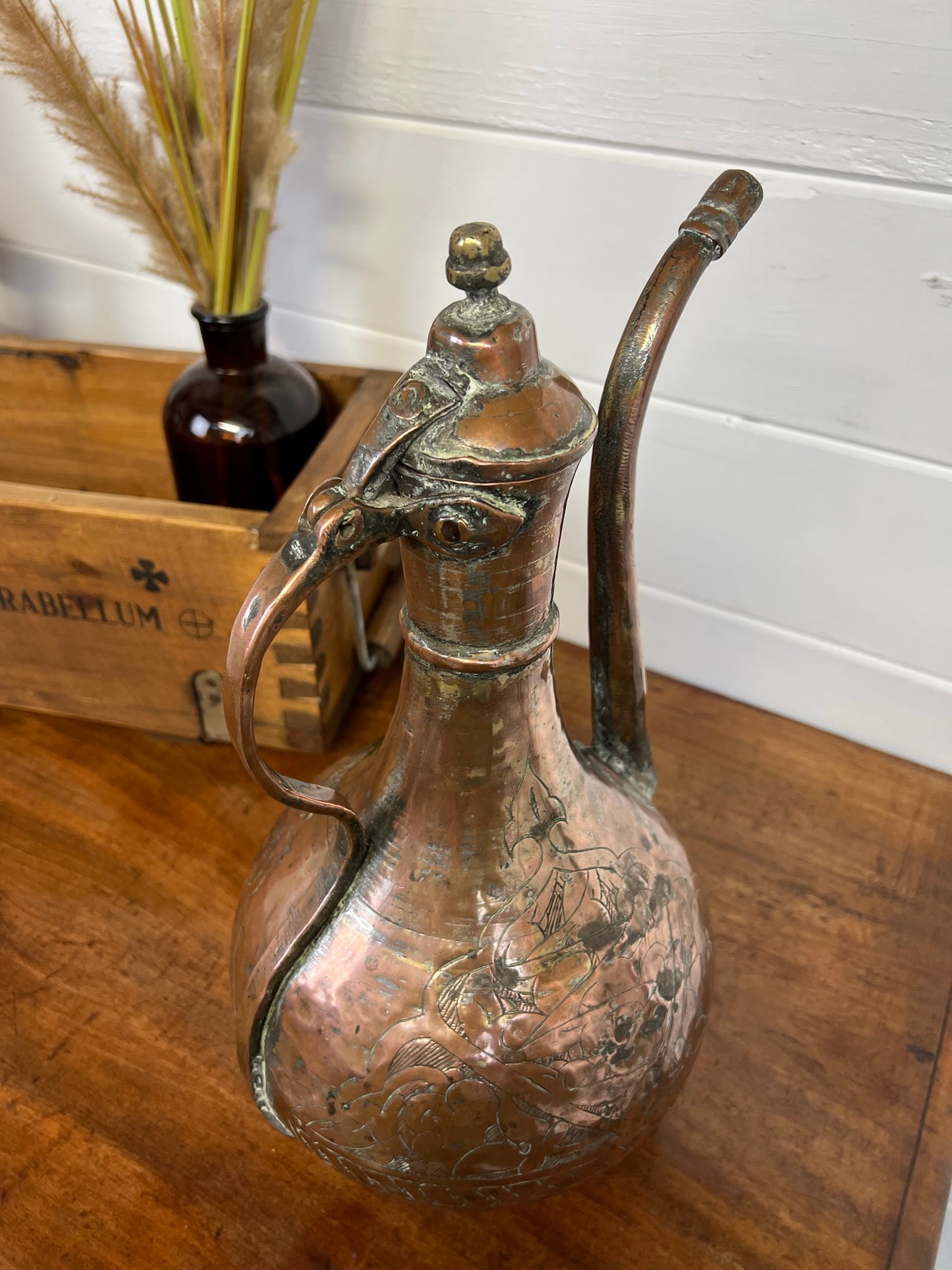 Vintage Middle Eastern Copper Coffee Pot Decorative Antique Arabic Art Deco