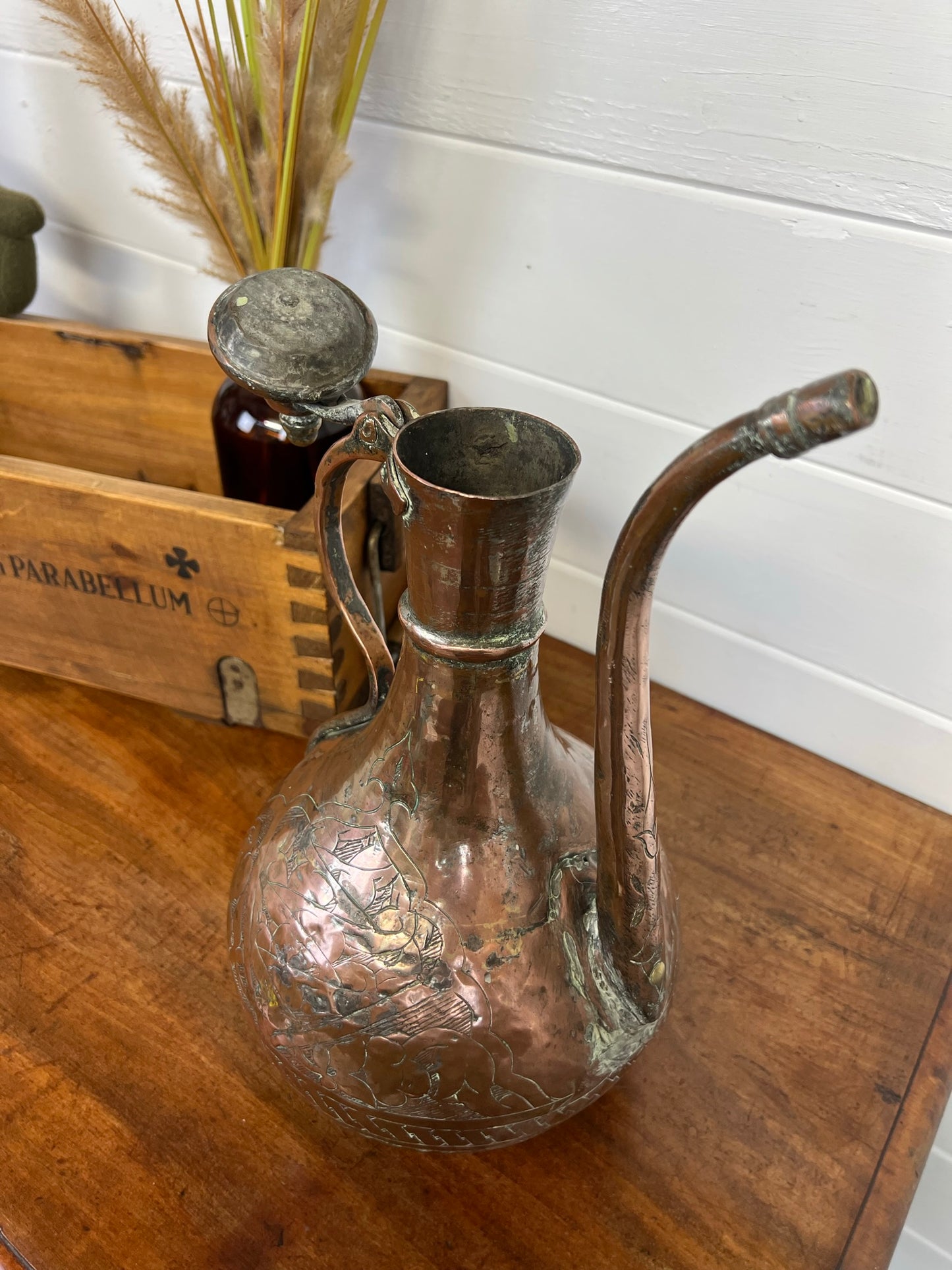 Vintage Middle Eastern Copper Coffee Pot Decorative Antique Arabic Art Deco