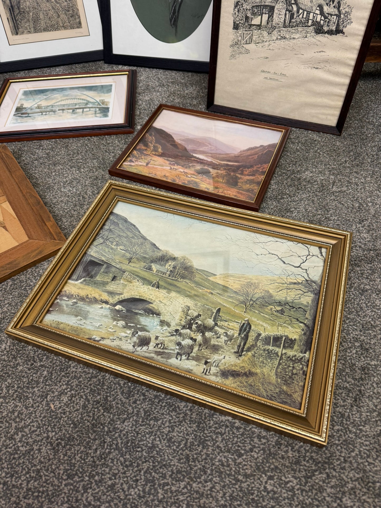 9x Framed Vintage Building Landscape Prints Sketches Wall Art Job Lot