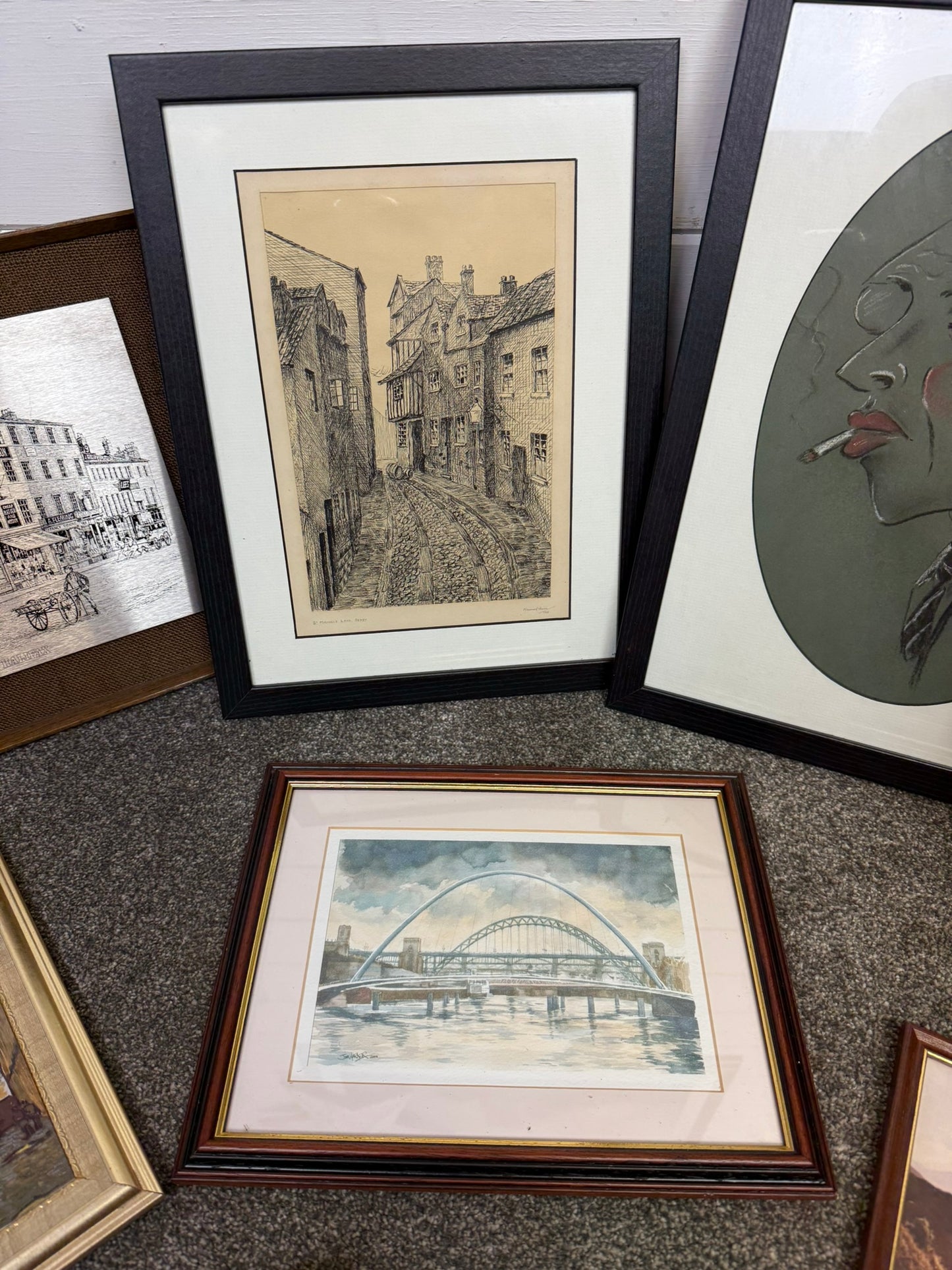 9x Framed Vintage Building Landscape Prints Sketches Wall Art Job Lot
