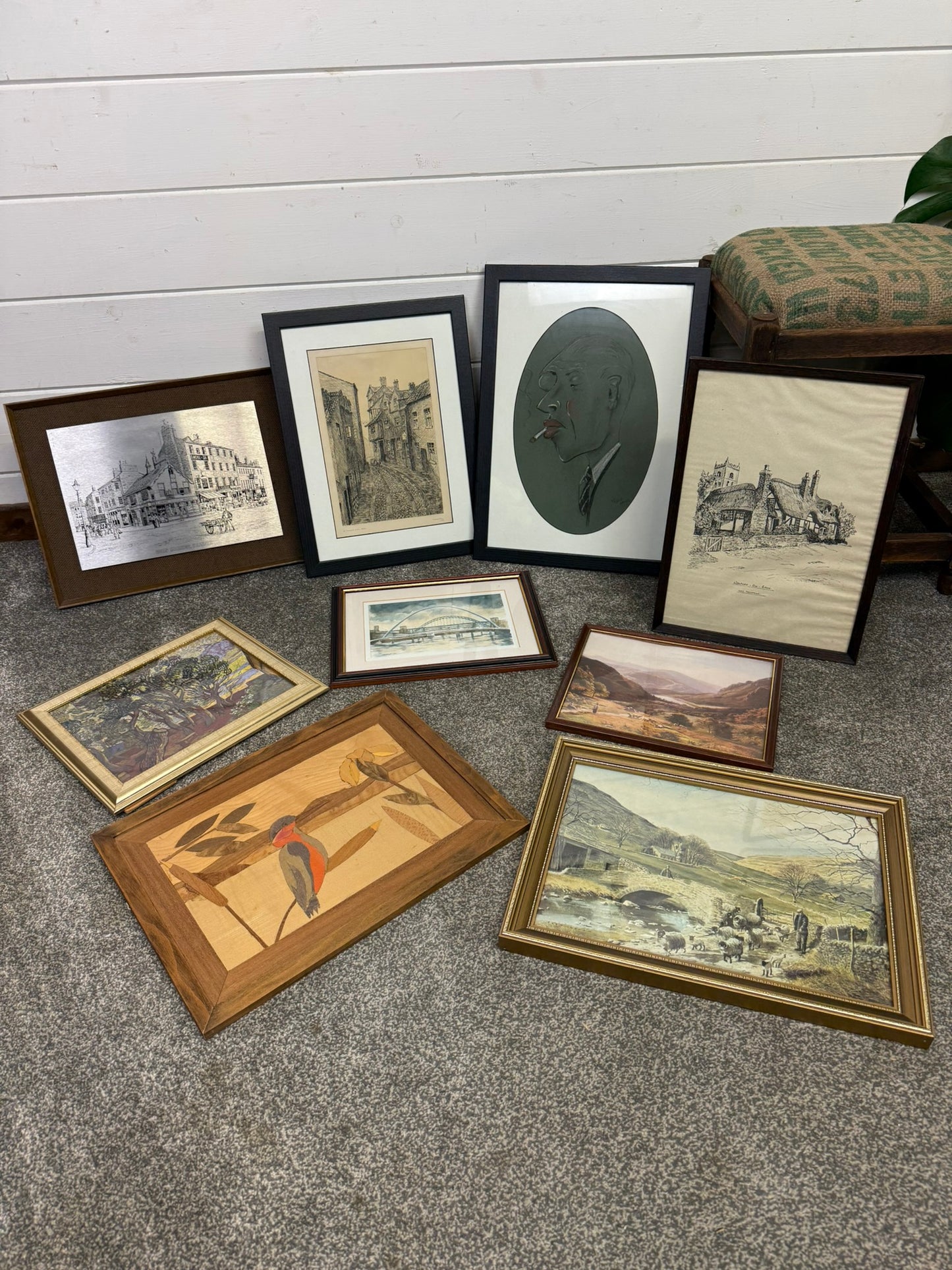 9x Framed Vintage Building Landscape Prints Sketches Wall Art Job Lot