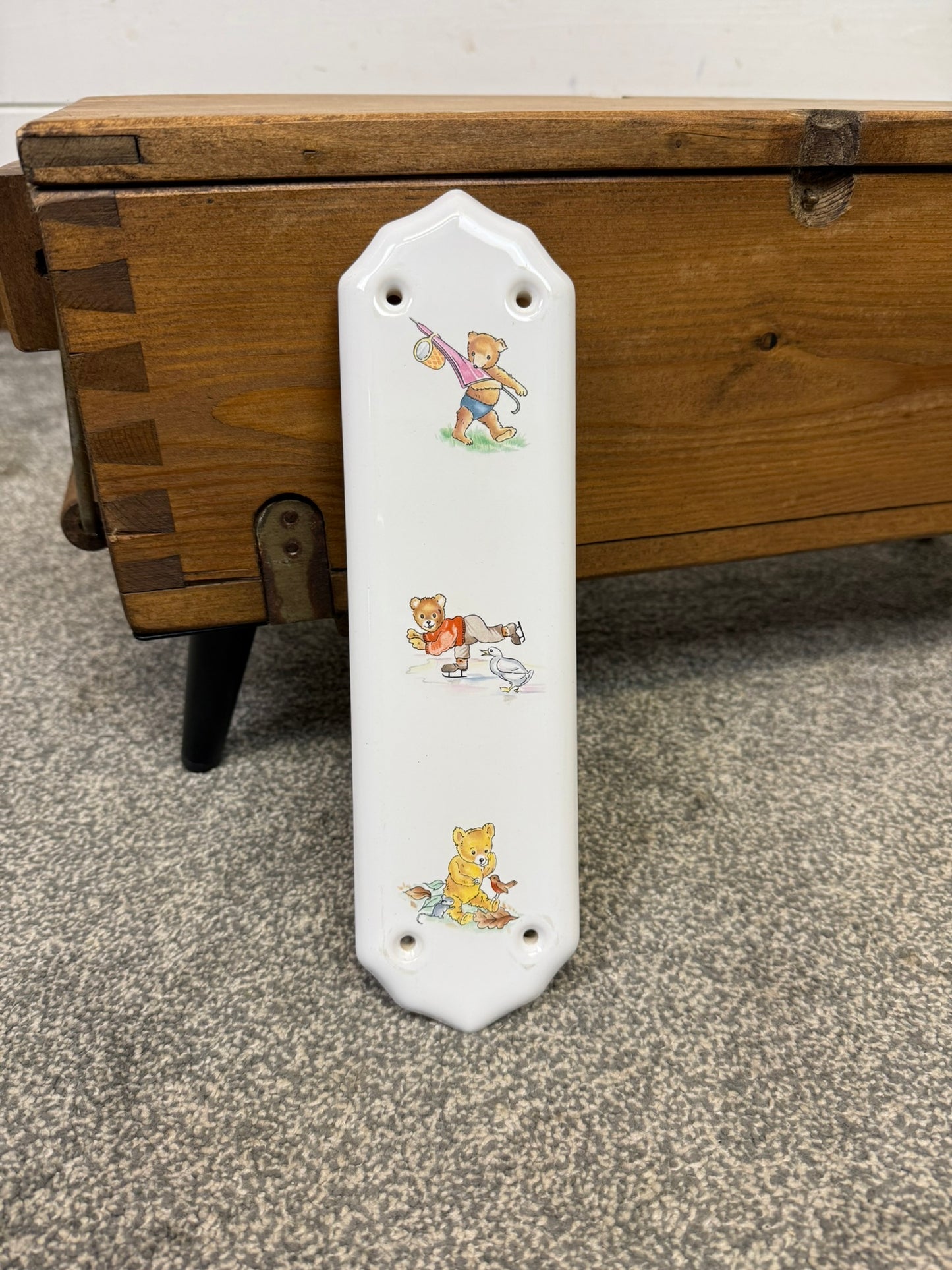 Porcelain Finger Plate Door Push Plate Teddy Bear Design 11" x 3" Cottage Bedroom