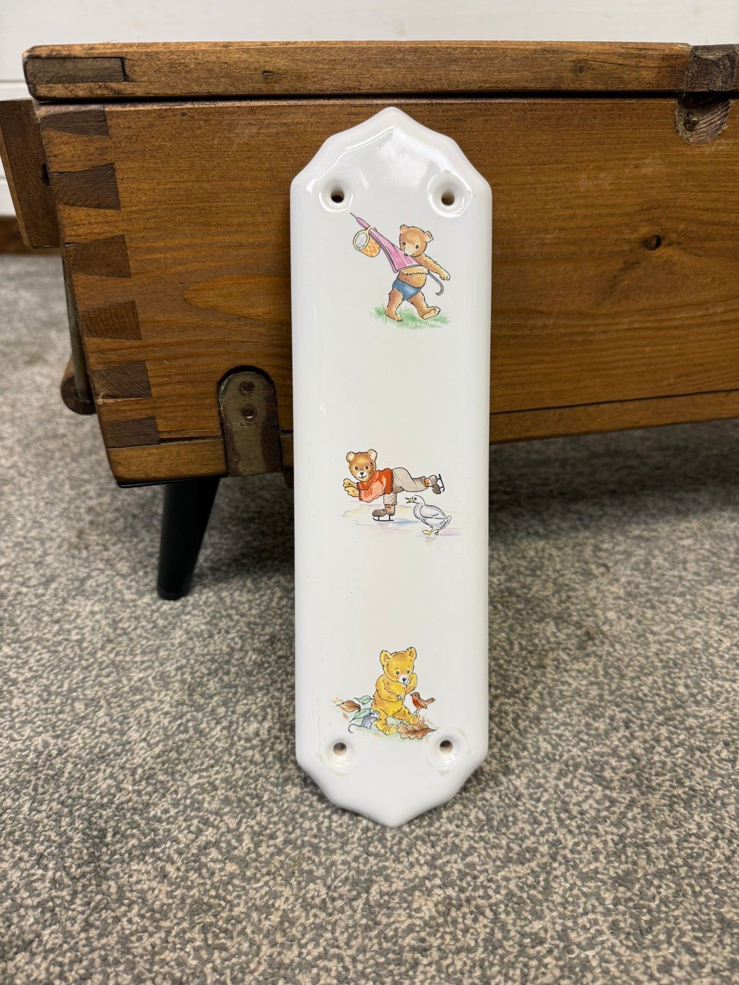Porcelain Finger Plate Door Push Plate Teddy Bear Design 11" x 3" Cottage Bedroom