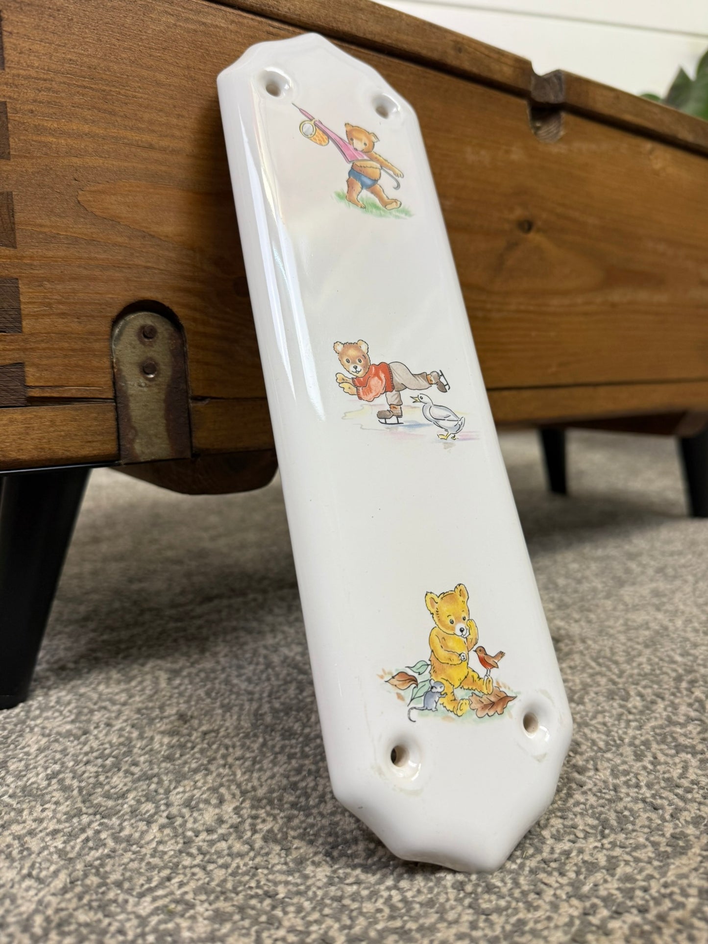 Porcelain Finger Plate Door Push Plate Teddy Bear Design 11" x 3" Cottage Bedroom