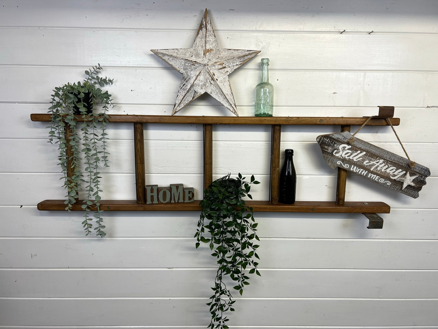 Vintage Wooden Ladder Wall Shelf Reclaimed Rustic Decor Living Room Hallway Plant Display