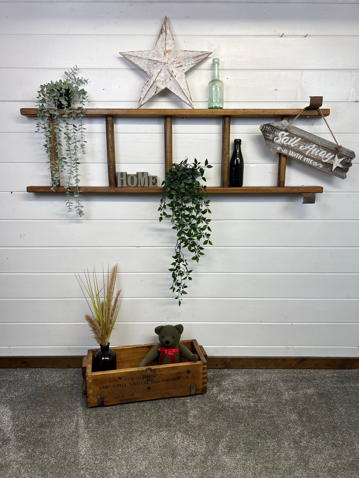 Vintage Wooden Ladder Wall Shelf Reclaimed Rustic Decor Living Room Hallway Plant Display
