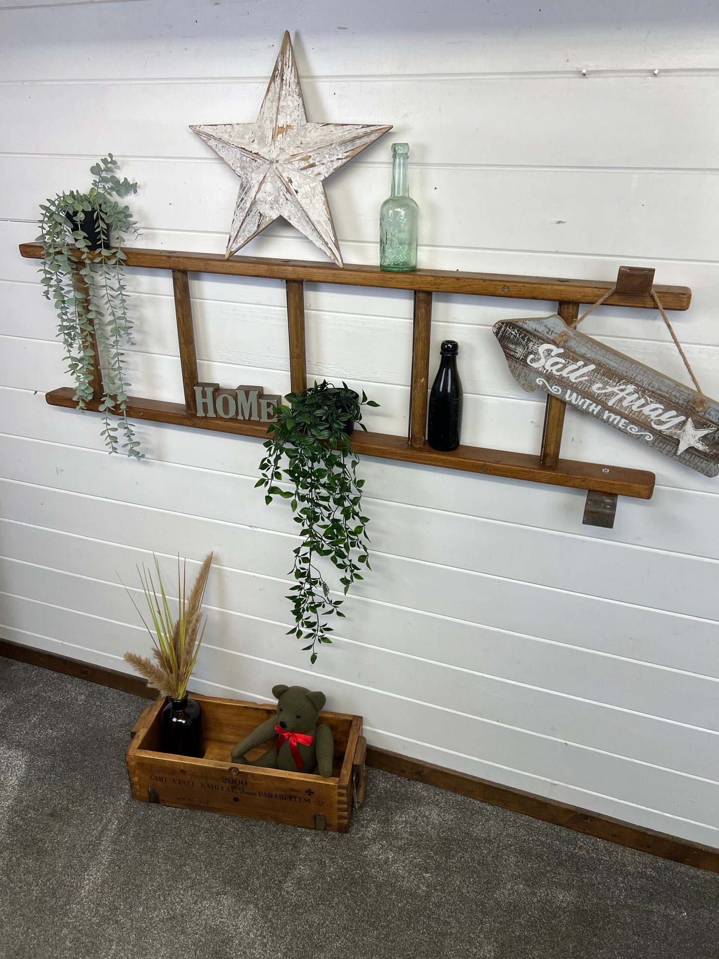 Vintage Wooden Ladder Wall Shelf Reclaimed Rustic Decor Living Room Hallway Plant Display