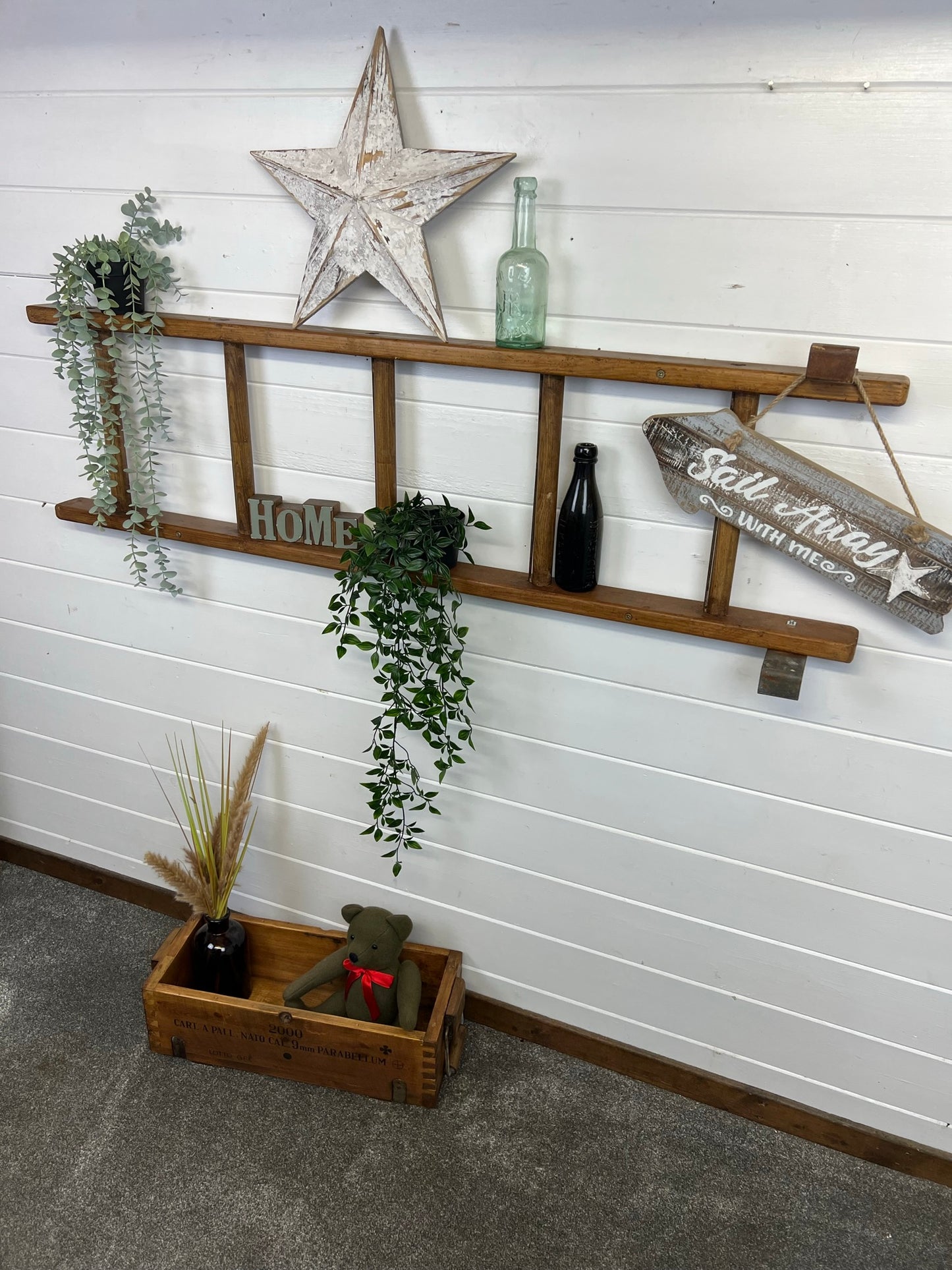 Vintage Wooden Ladder Wall Shelf Reclaimed Rustic Decor Living Room Hallway Plant Display