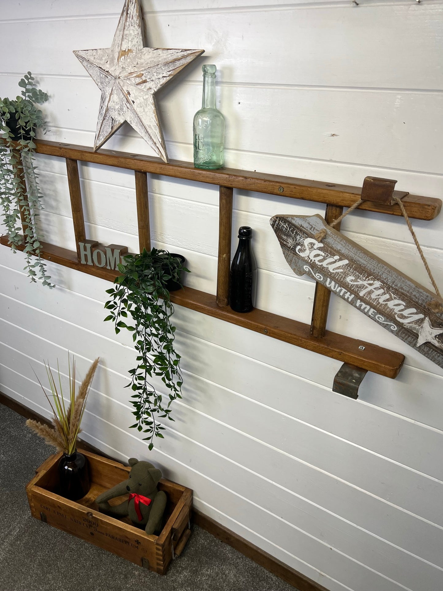 Vintage Wooden Ladder Wall Shelf Reclaimed Rustic Decor Living Room Hallway Plant Display