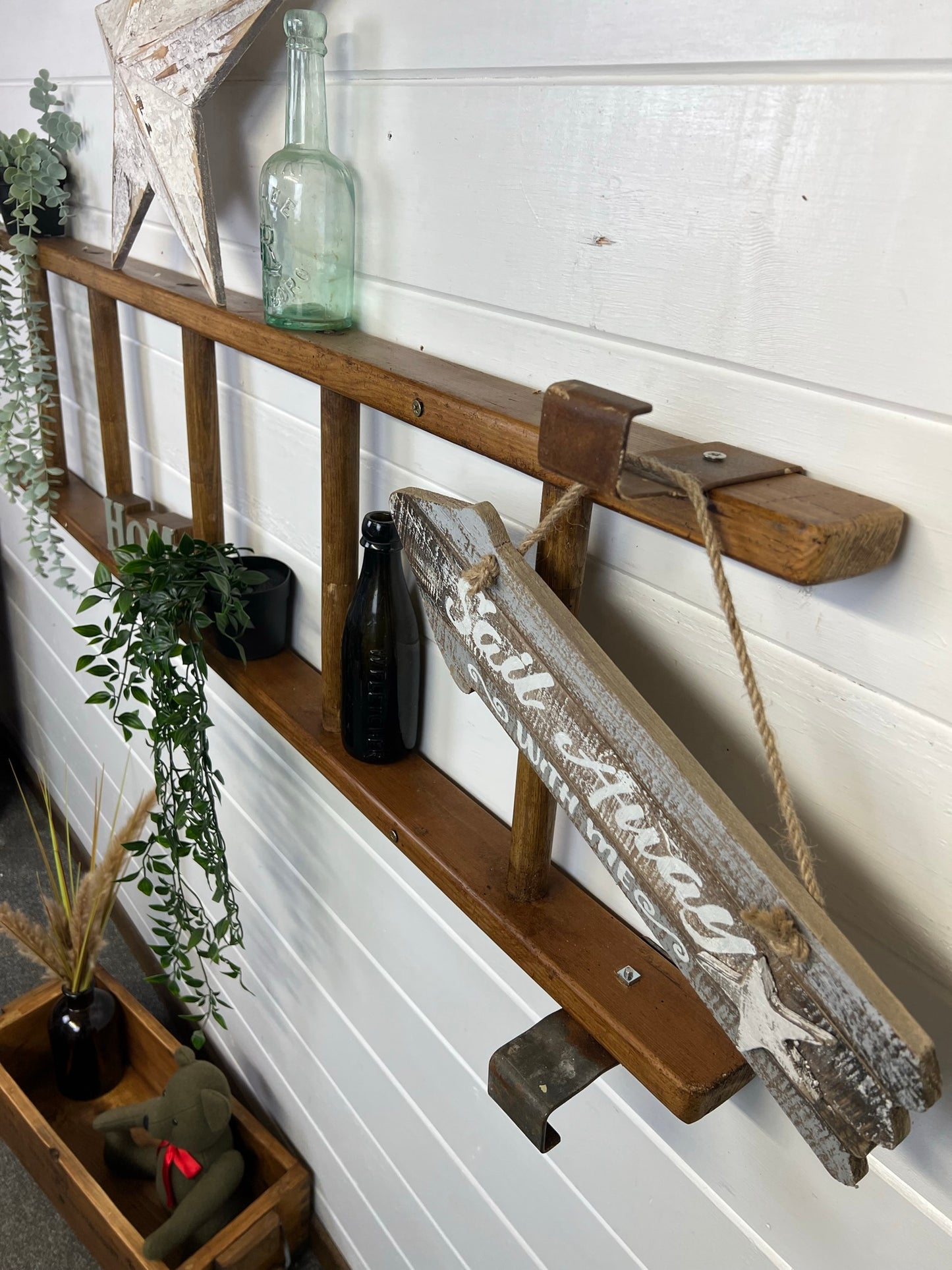 Vintage Wooden Ladder Wall Shelf Reclaimed Rustic Decor Living Room Hallway Plant Display