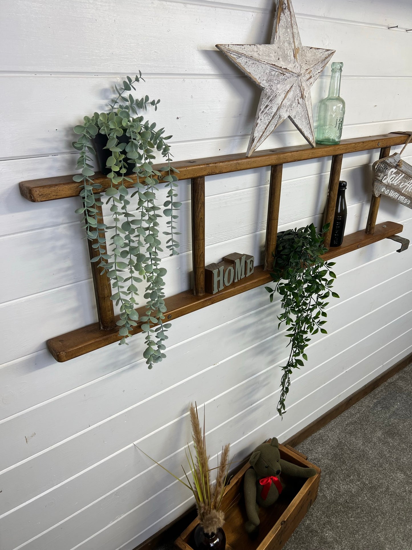 Vintage Wooden Ladder Wall Shelf Reclaimed Rustic Decor Living Room Hallway Plant Display