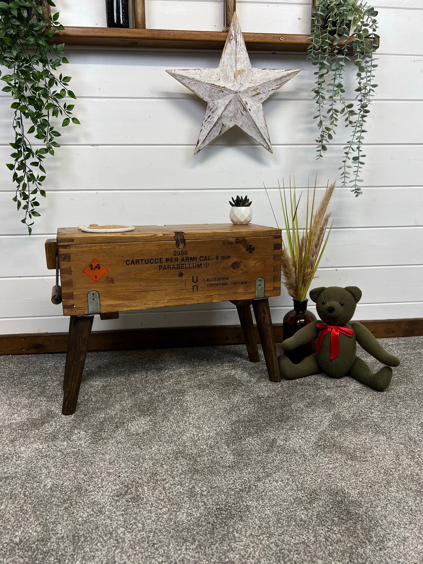 Rustic Wooden Ammo Box Side Table Vintage Storage Chest Industrial Trunk Home Coffee Table