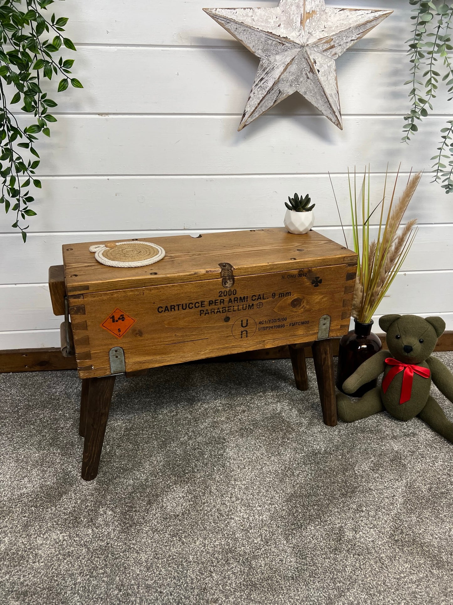 Rustic Wooden Ammo Box Side Table Vintage Storage Chest Industrial Trunk Home Coffee Table