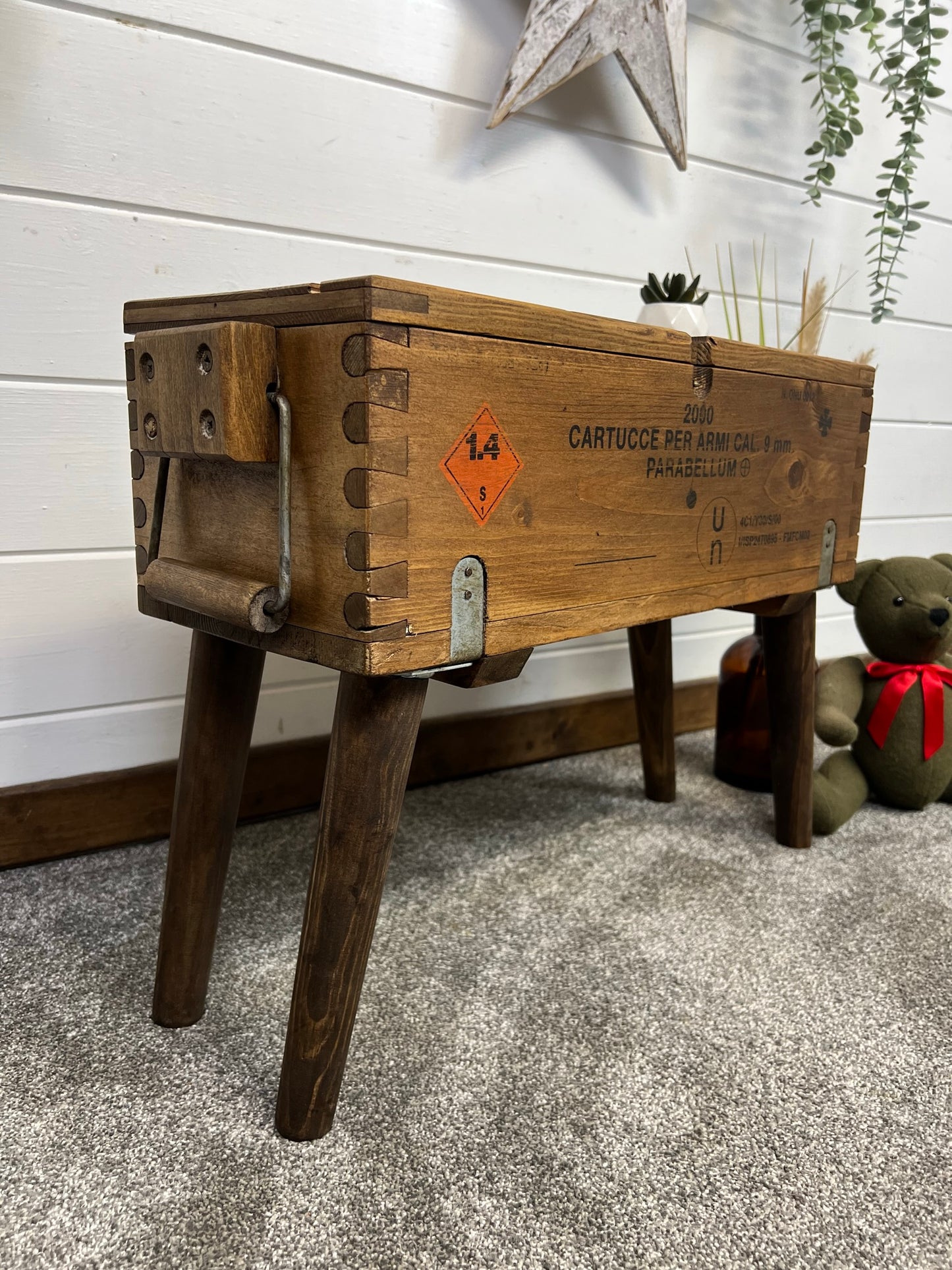 Rustic Wooden Ammo Box Side Table Vintage Storage Chest Industrial Trunk Home Coffee Table