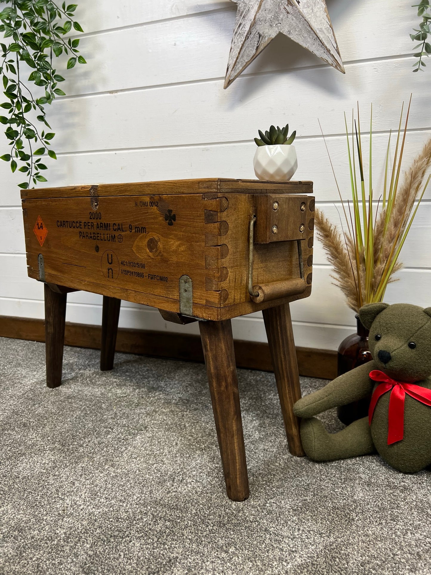 Rustic Wooden Ammo Box Side Table Vintage Storage Chest Industrial Trunk Home Coffee Table