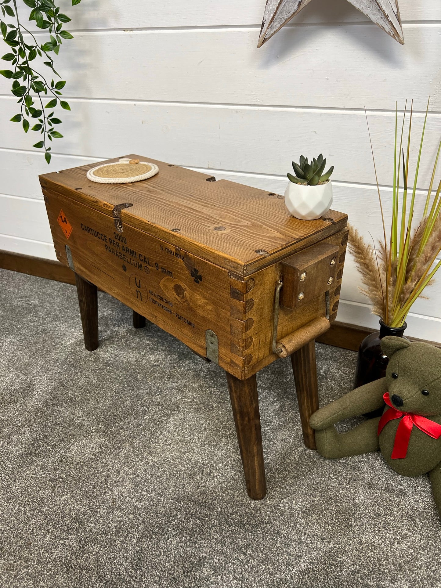 Rustic Wooden Ammo Box Side Table Vintage Storage Chest Industrial Trunk Home Coffee Table