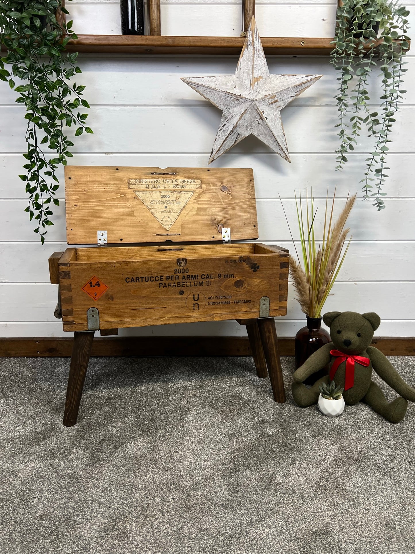 Rustic Wooden Ammo Box Side Table Vintage Storage Chest Industrial Trunk Home Coffee Table