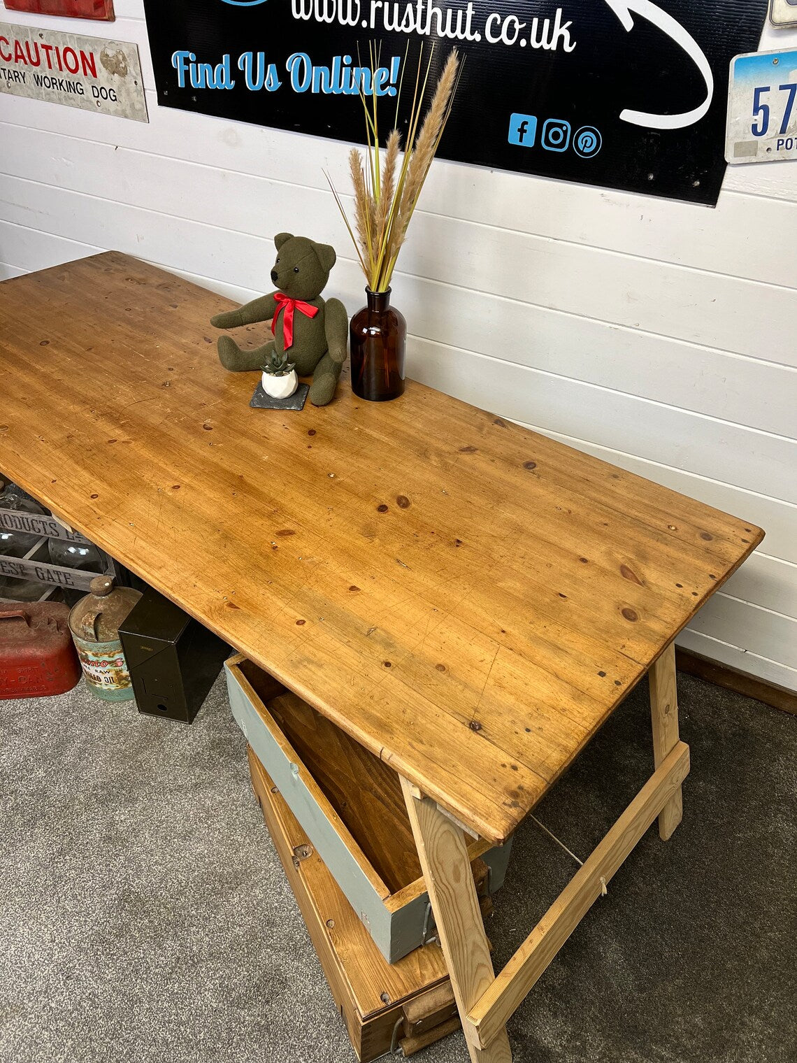 Rustic Industrial Trestle Table Top Wooden Vintage Table Farmhouse Desk Wedding Chic