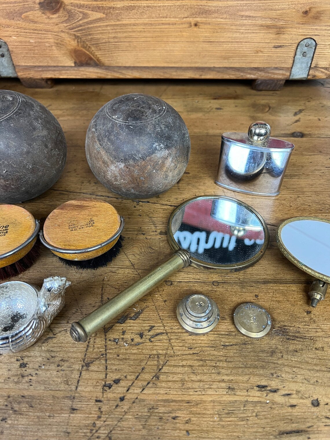 Vintage Job Lot Quirky Mixed Bundle Mirror Bowling Balls Brushes Brass Decorative Props Decor
