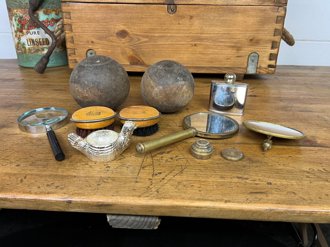 Vintage Job Lot Quirky Mixed Bundle Mirror Bowling Balls Brushes Brass Decorative Props Decor