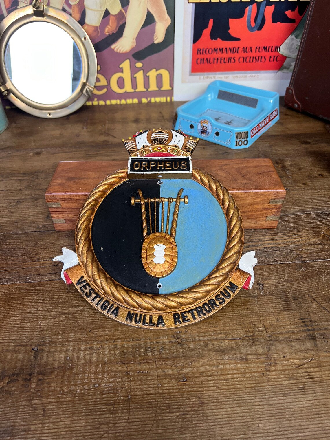 Vintage Royal Navy Orpheus Submarine Ships Cast Aluminium Crest Collectable Plaque