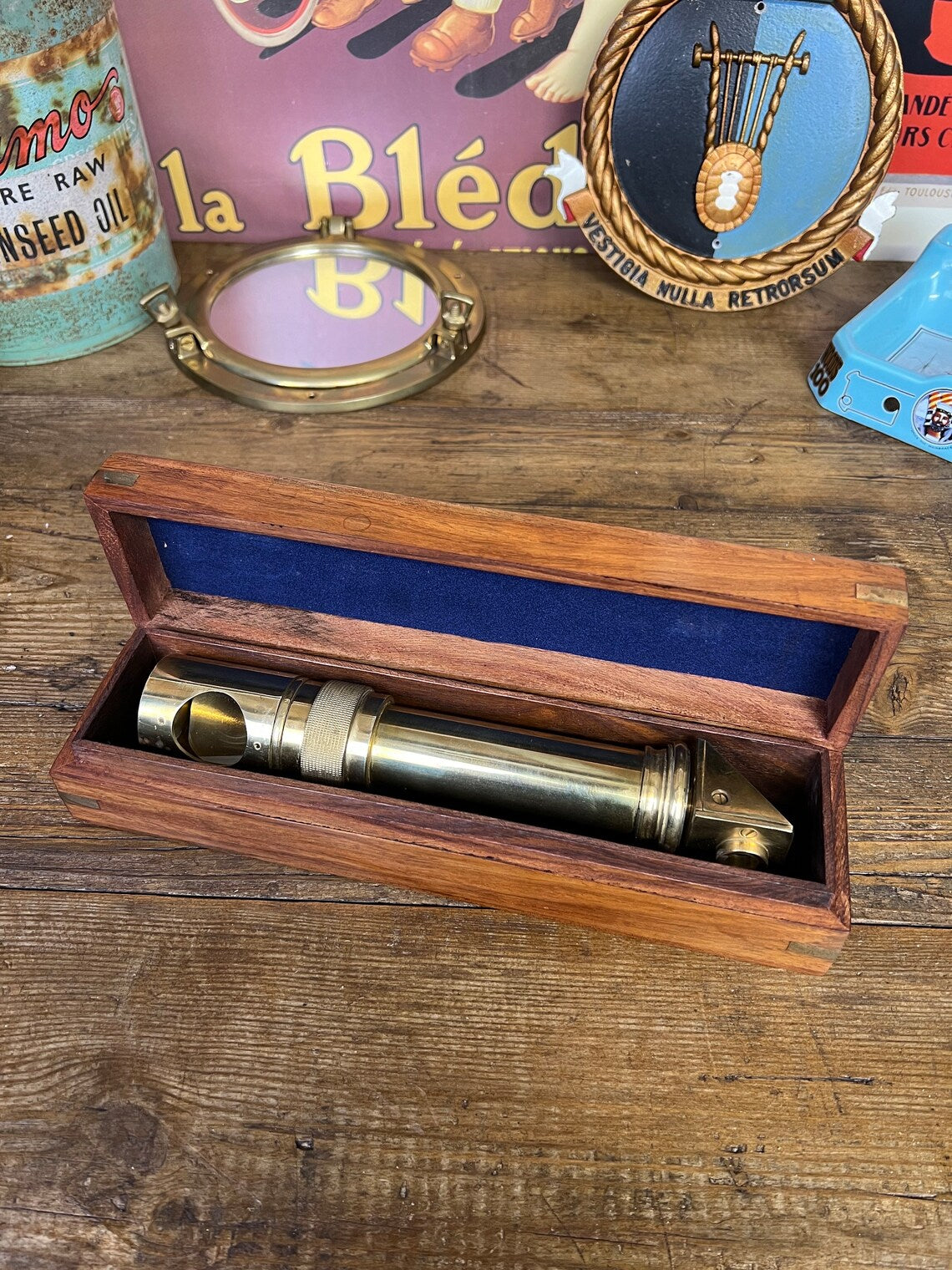 Vintage Brass Naval Periscope In Inlaid Wooden Box Nautical Maritime Collectable