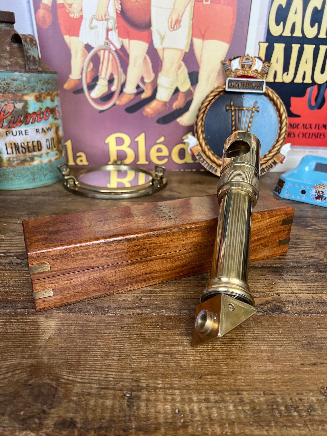 Vintage Brass Naval Periscope In Inlaid Wooden Box Nautical Maritime Collectable