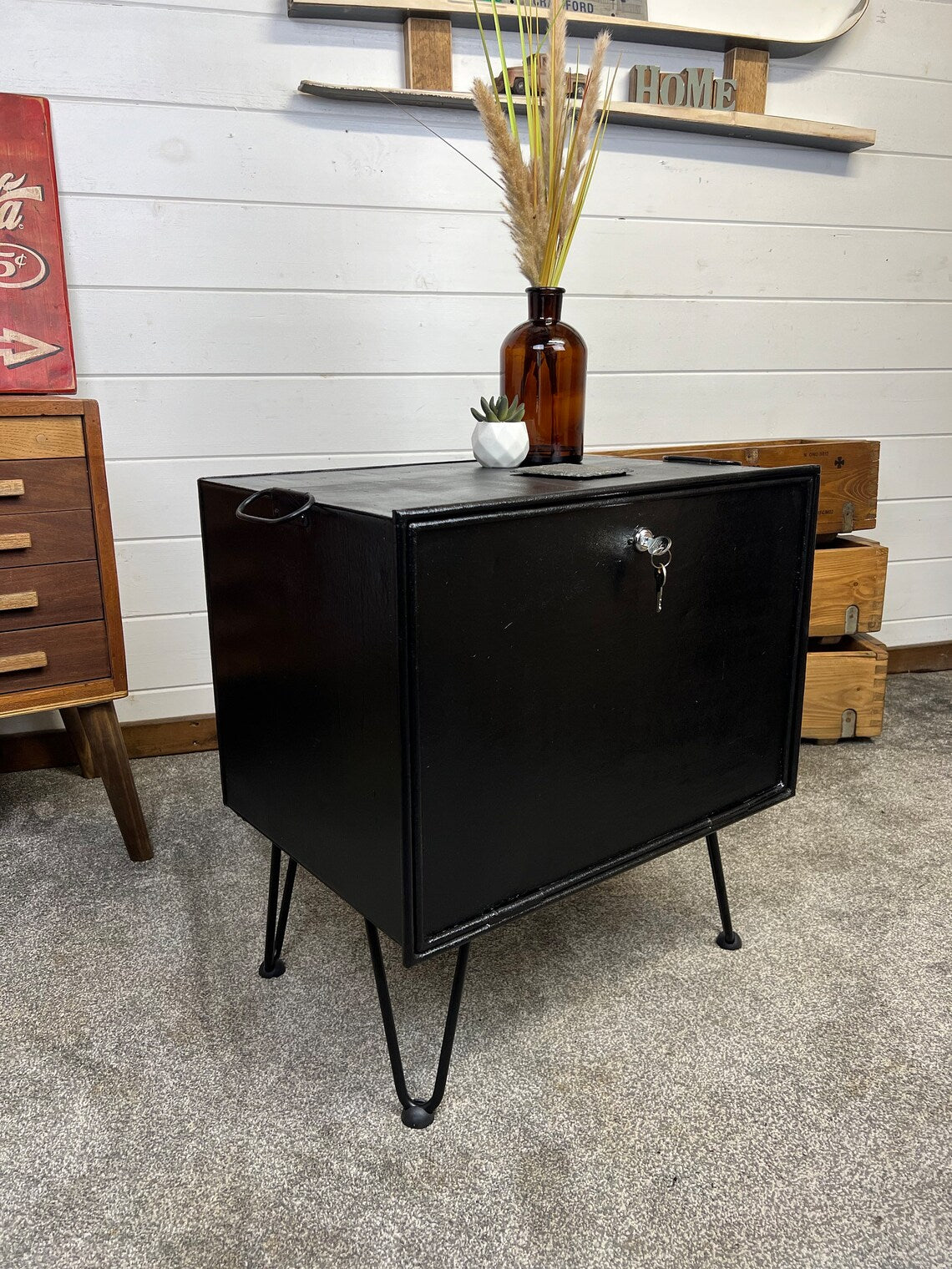 Vintage Metal Box Storage Table Reclaimed Rustic Industrial Locking Side Table Home Decor