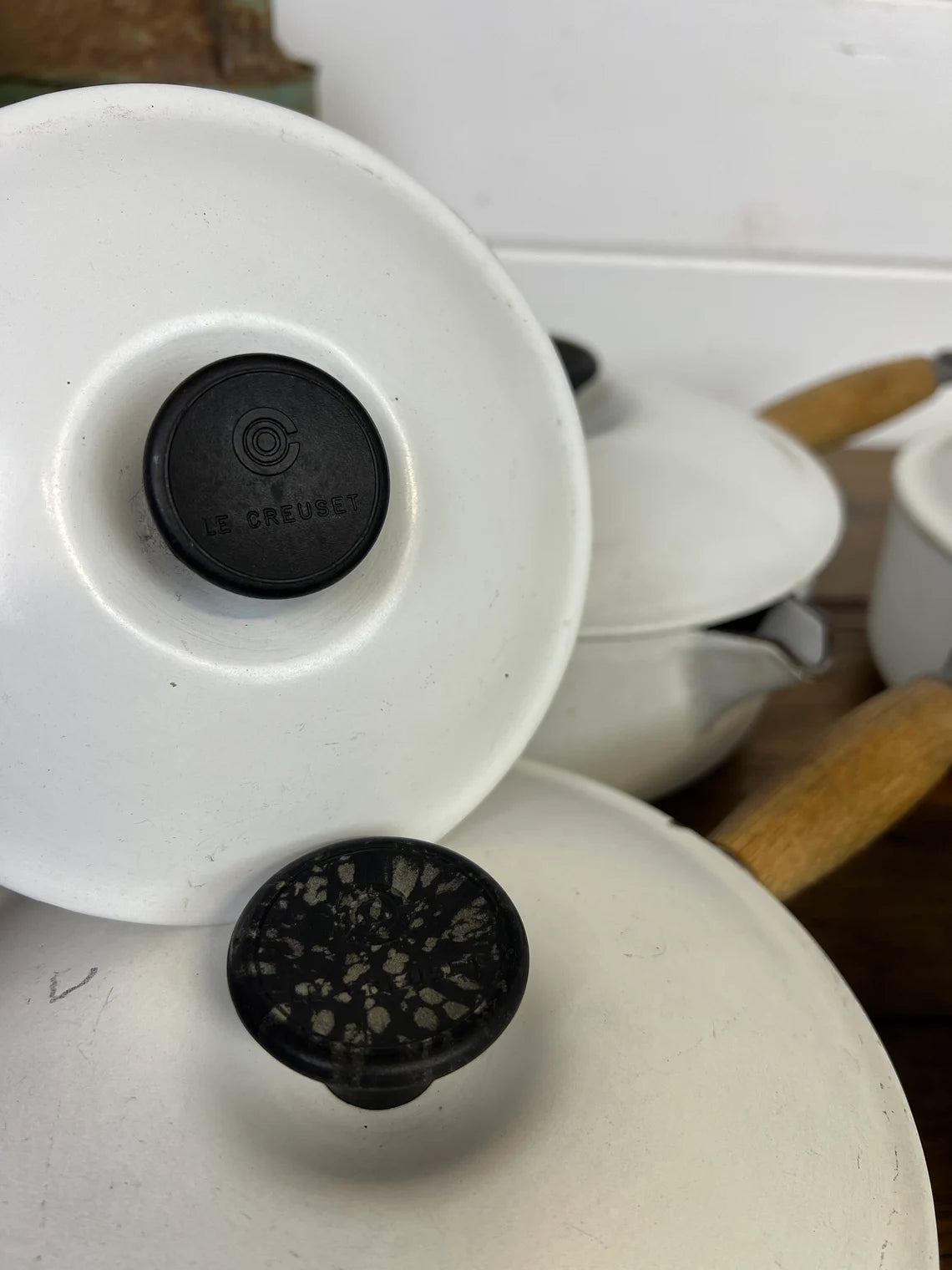 Vintage Le Creuset White Pan Set of 5 With Lids Cast Iron Saucepan Vintage French Retro Kitchen