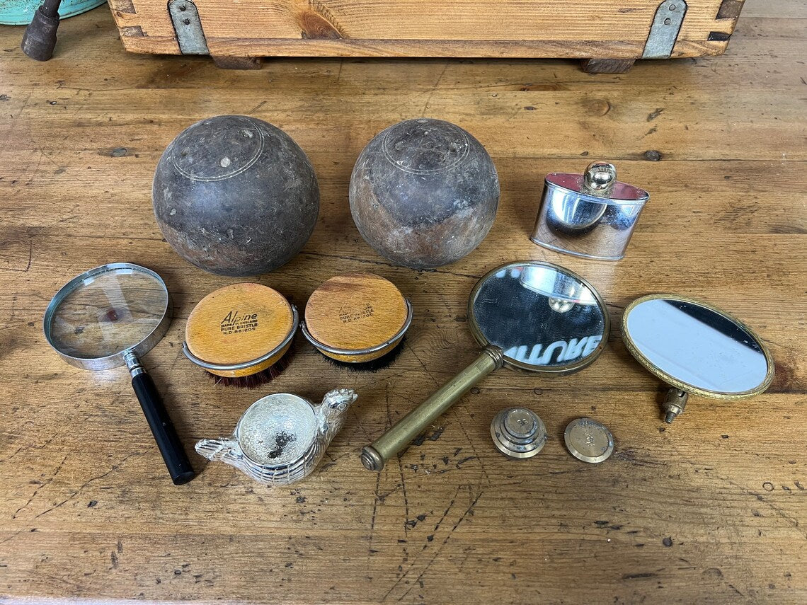 Vintage Job Lot Quirky Mixed Bundle Mirror Bowling Balls Brushes Brass Decorative Props Decor