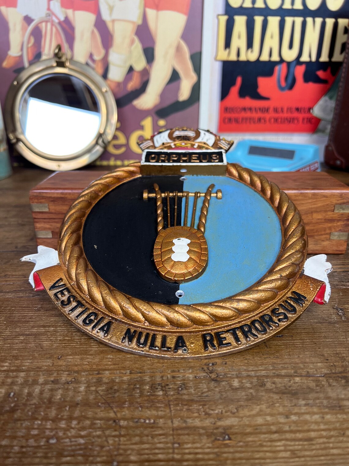 Vintage Royal Navy Orpheus Submarine Ships Cast Aluminium Crest Collectable Plaque