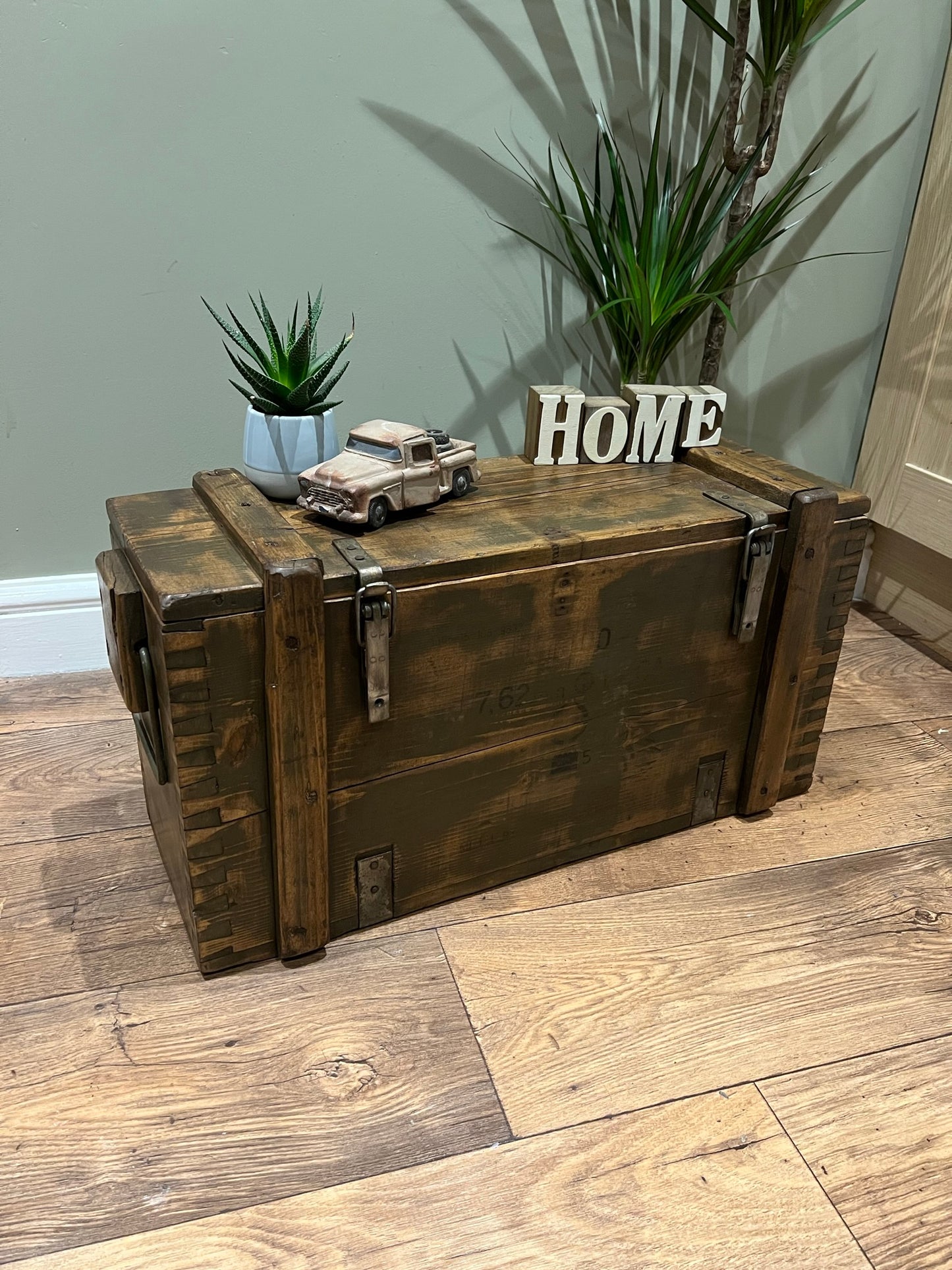 Wooden Ammo Box Vintage Rustic Storage Chest Industrial Trunk Coffee Table