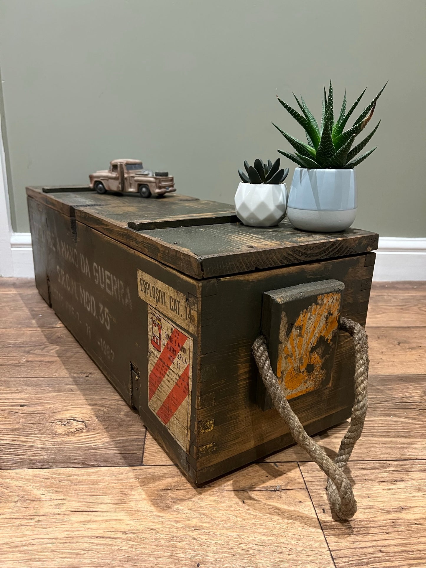 Vintage Rustic Storage Chest Ammo Box Wooden Industrial Trunk Home Coffee Table