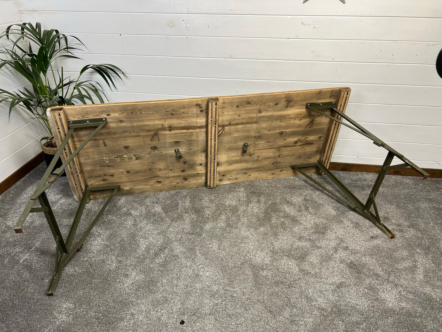 Vintage Folding Wooden Trestle Table Industrial Metal Legs Rustic Farmhouse Dining Desk Wedding Event