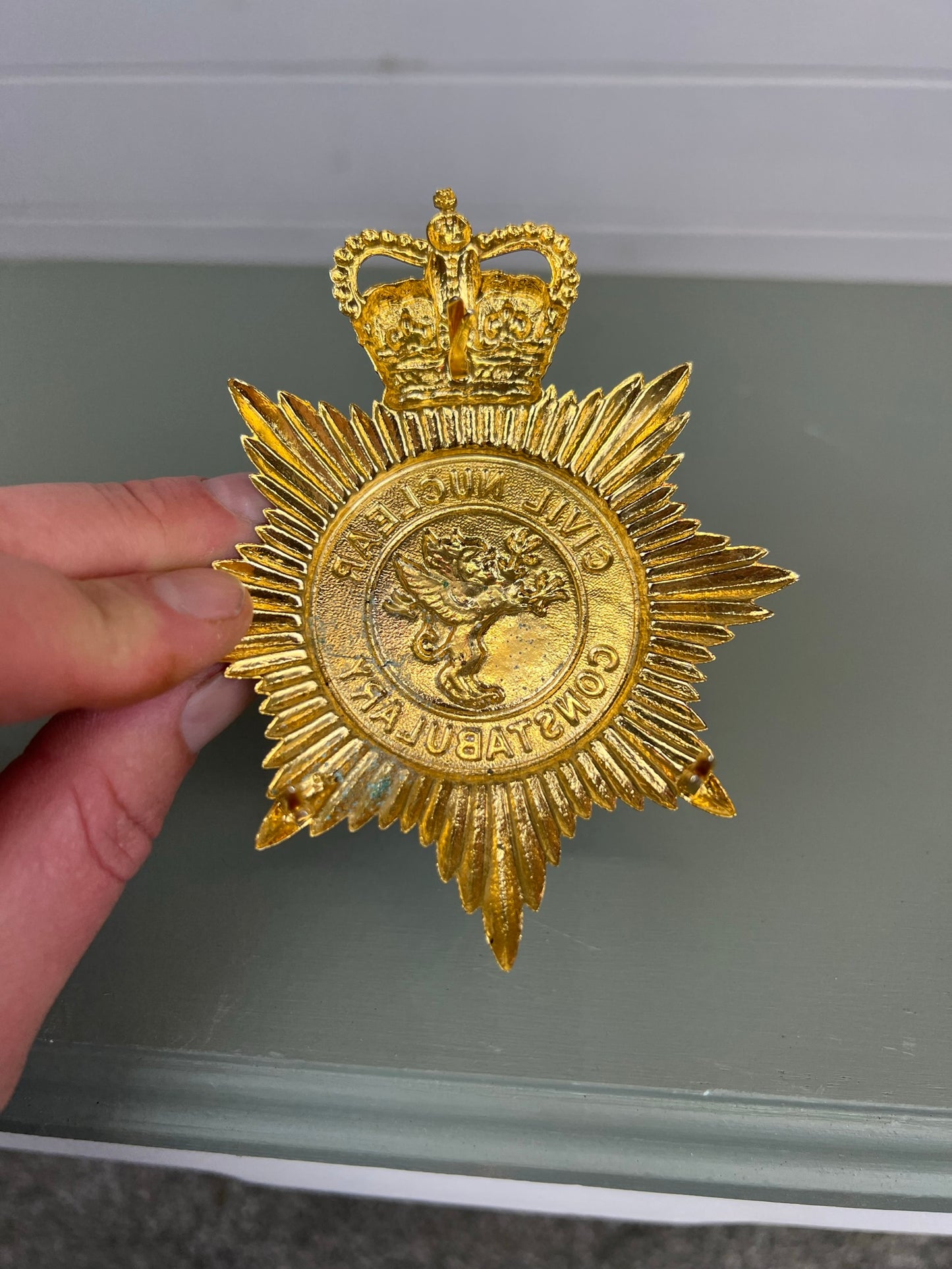 Civil Nuclear Constabulary Obsolete Enamel Bobby Helmet Badge Plate Queens Crown