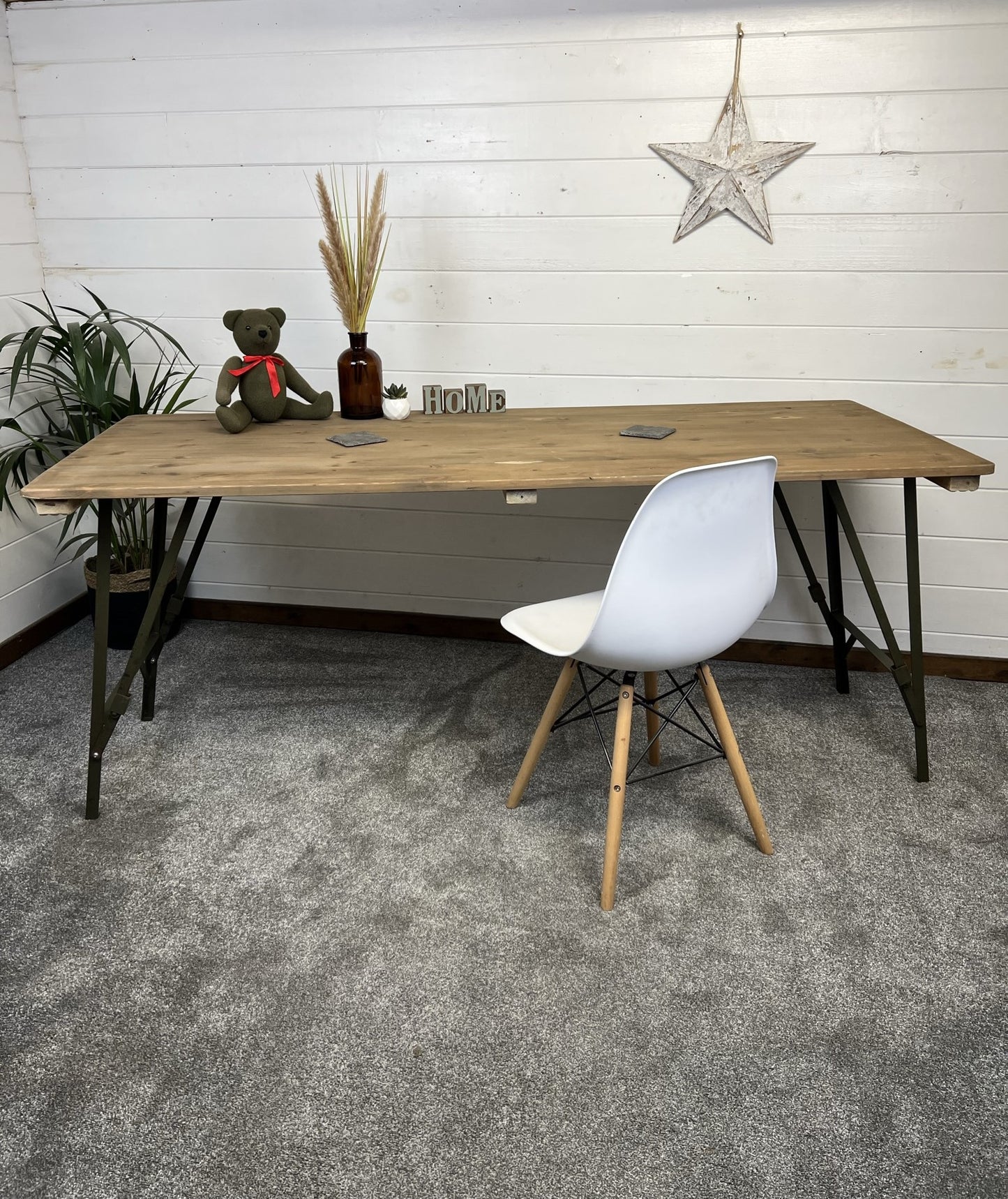 Vintage Folding Wooden Trestle Table Industrial Metal Legs Rustic Farmhouse Dining Desk Wedding Event