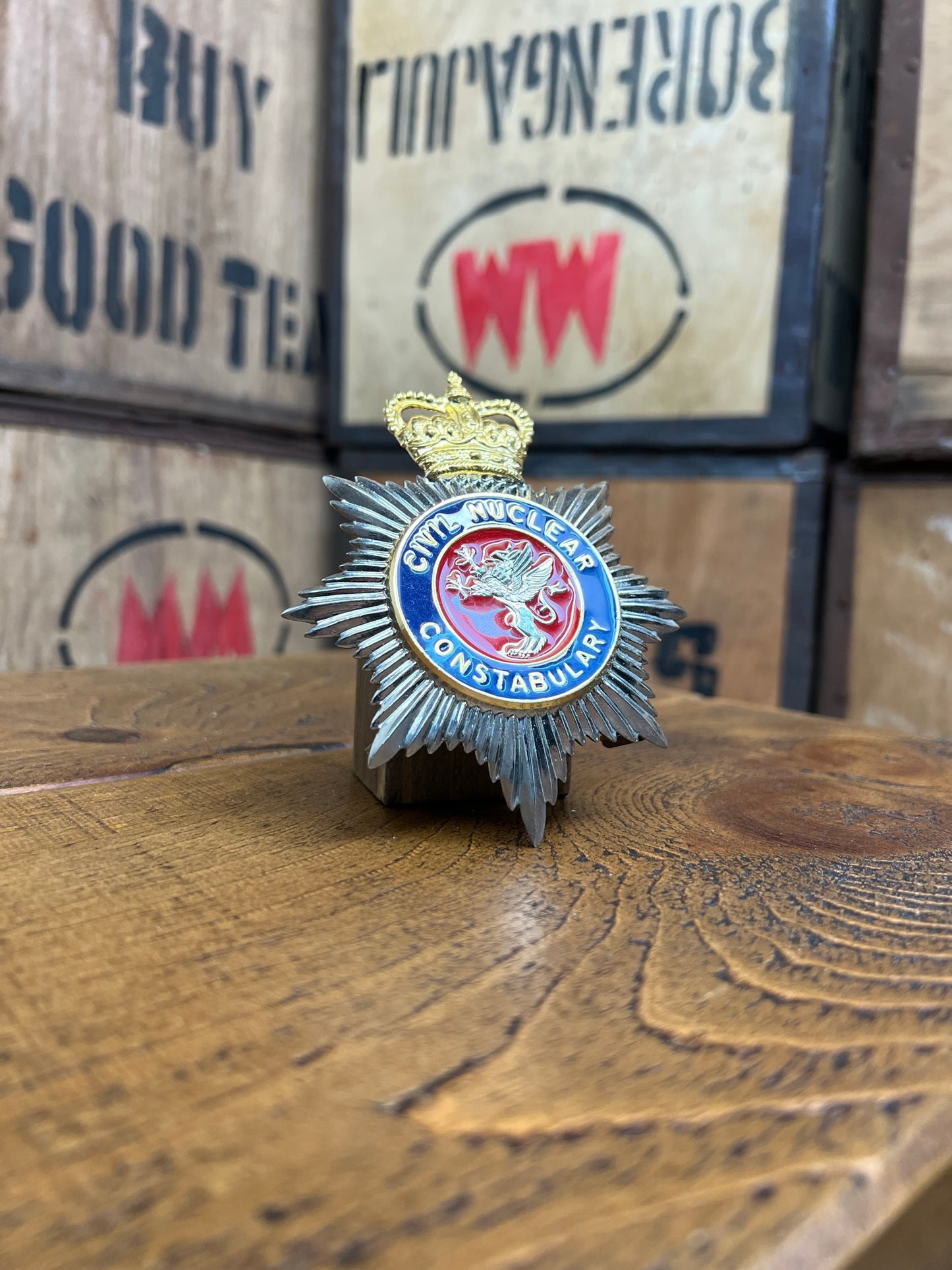 Civil Nuclear Constabulary Enamel Helmet Badge Plate Gold Queens Crown Display Prop