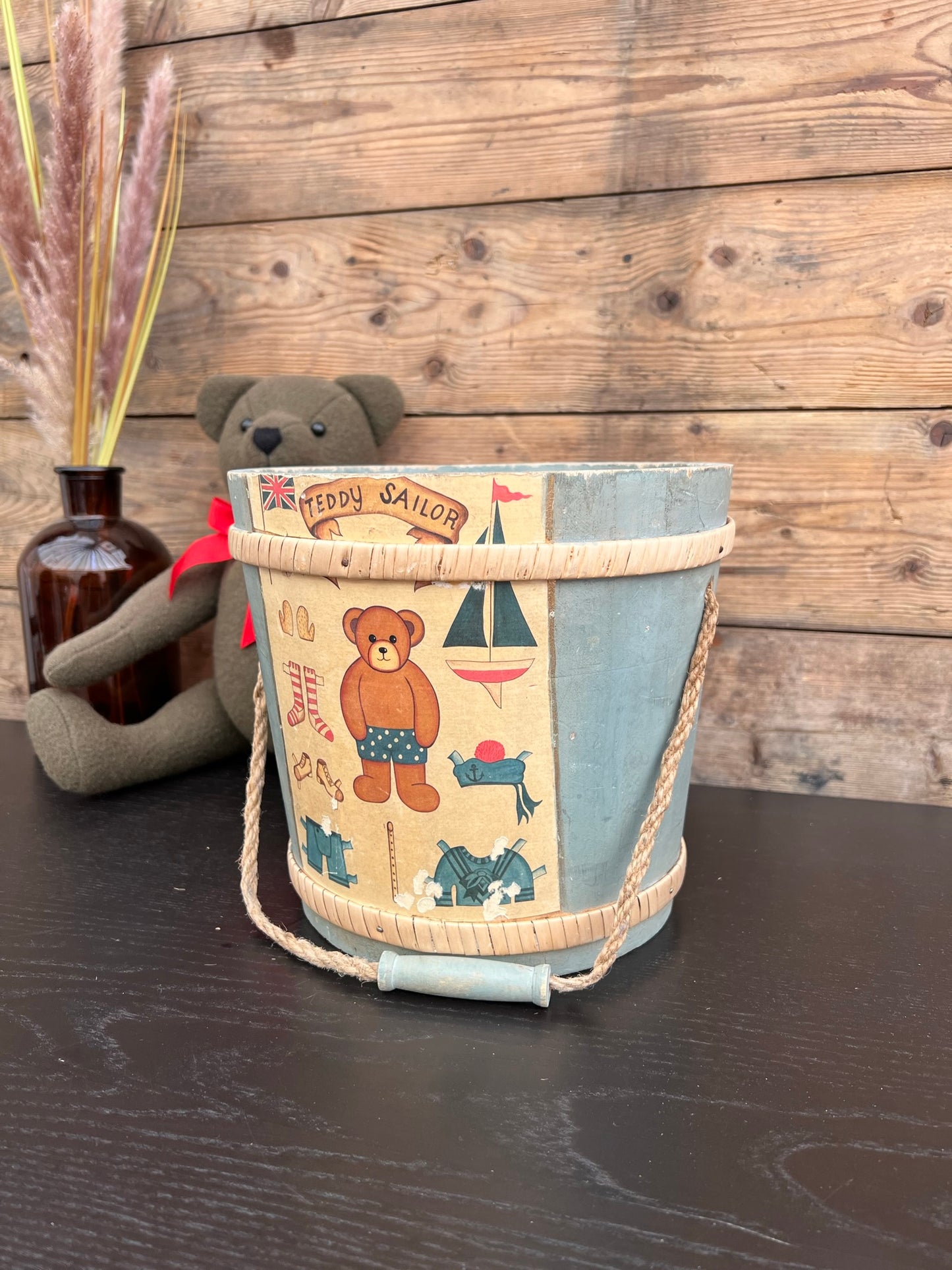 Vintage Wooden Teddy Sailor Bucket Bin Vintage Retro Teddy Bear Bedroom Nursery