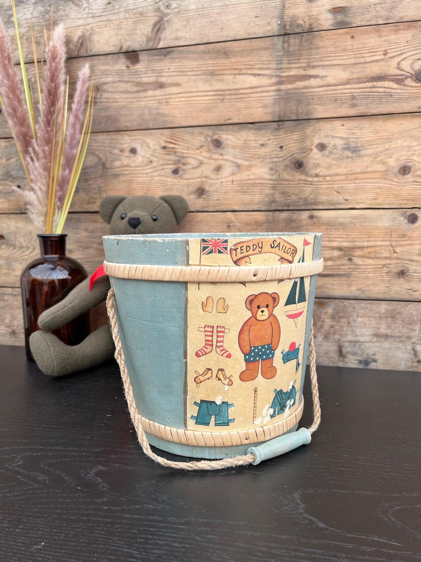 Vintage Wooden Teddy Sailor Bucket Bin Vintage Retro Teddy Bear Bedroom Nursery