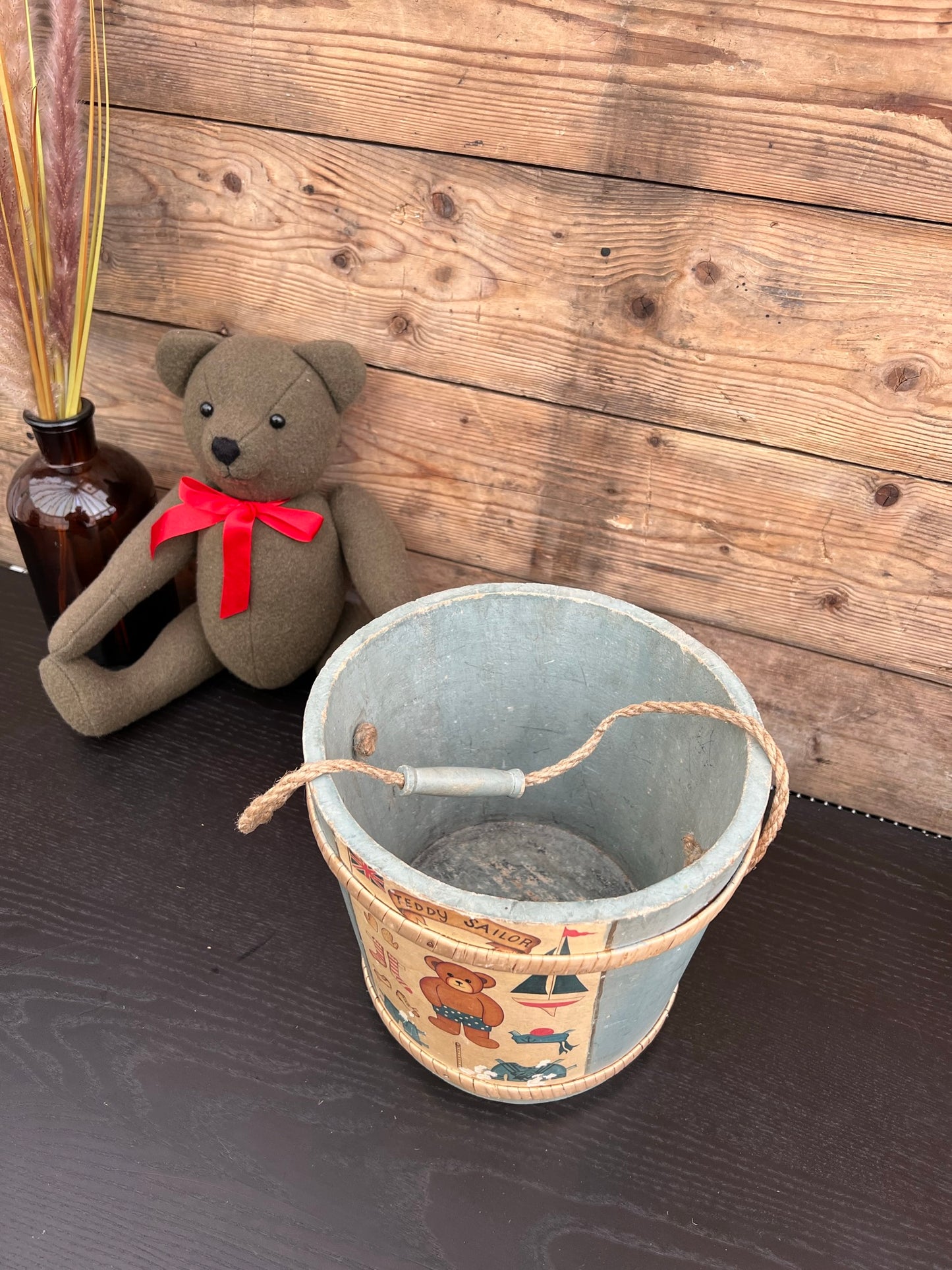 Vintage Wooden Teddy Sailor Bucket Bin Vintage Retro Teddy Bear Bedroom Nursery