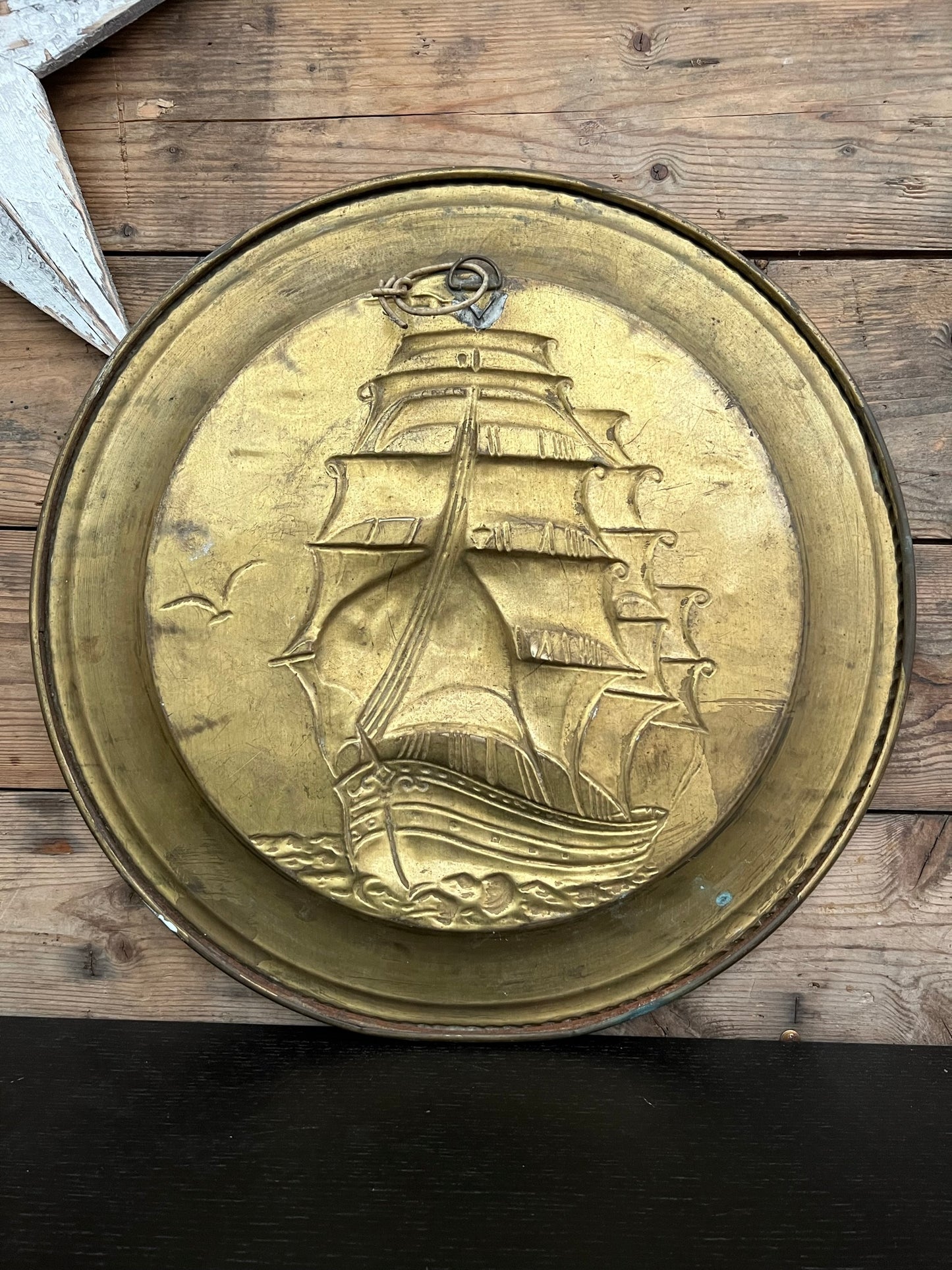 Vintage Large 17" Brass Wall Plate Decorative Galleon Ship Boho Bohemian Brass Décor