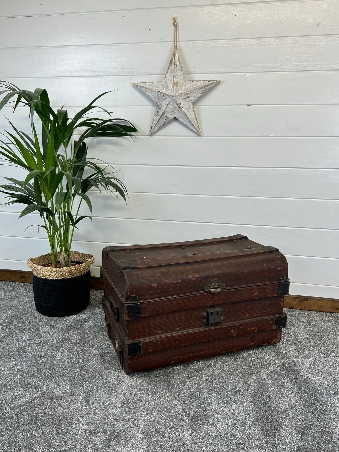 Vintage Metal Brown Travel Trunk Rustic Coffee Side Table Original Storage Steamer Chest