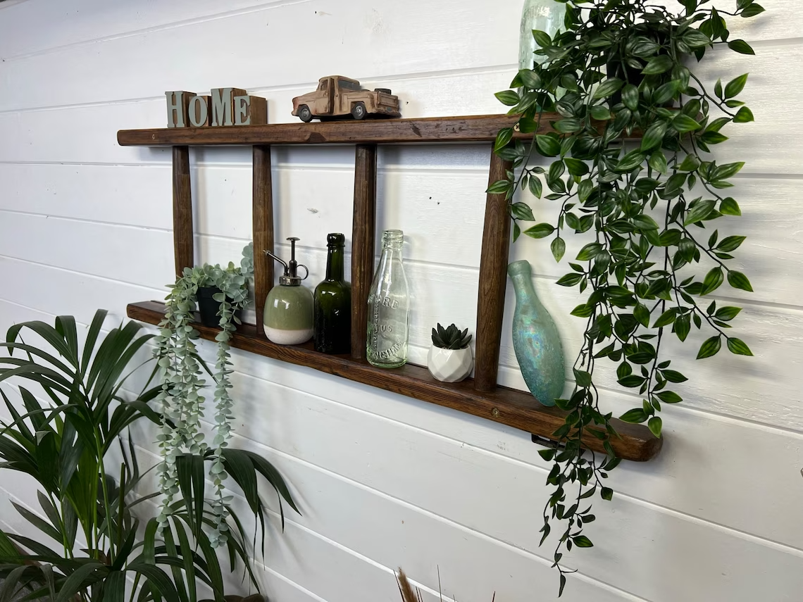 Vintage Wooden Ladder Wall Shelf Reclaimed Rustic Decor Living Room Hallway Plant Display - CHOICE OF LENGTH