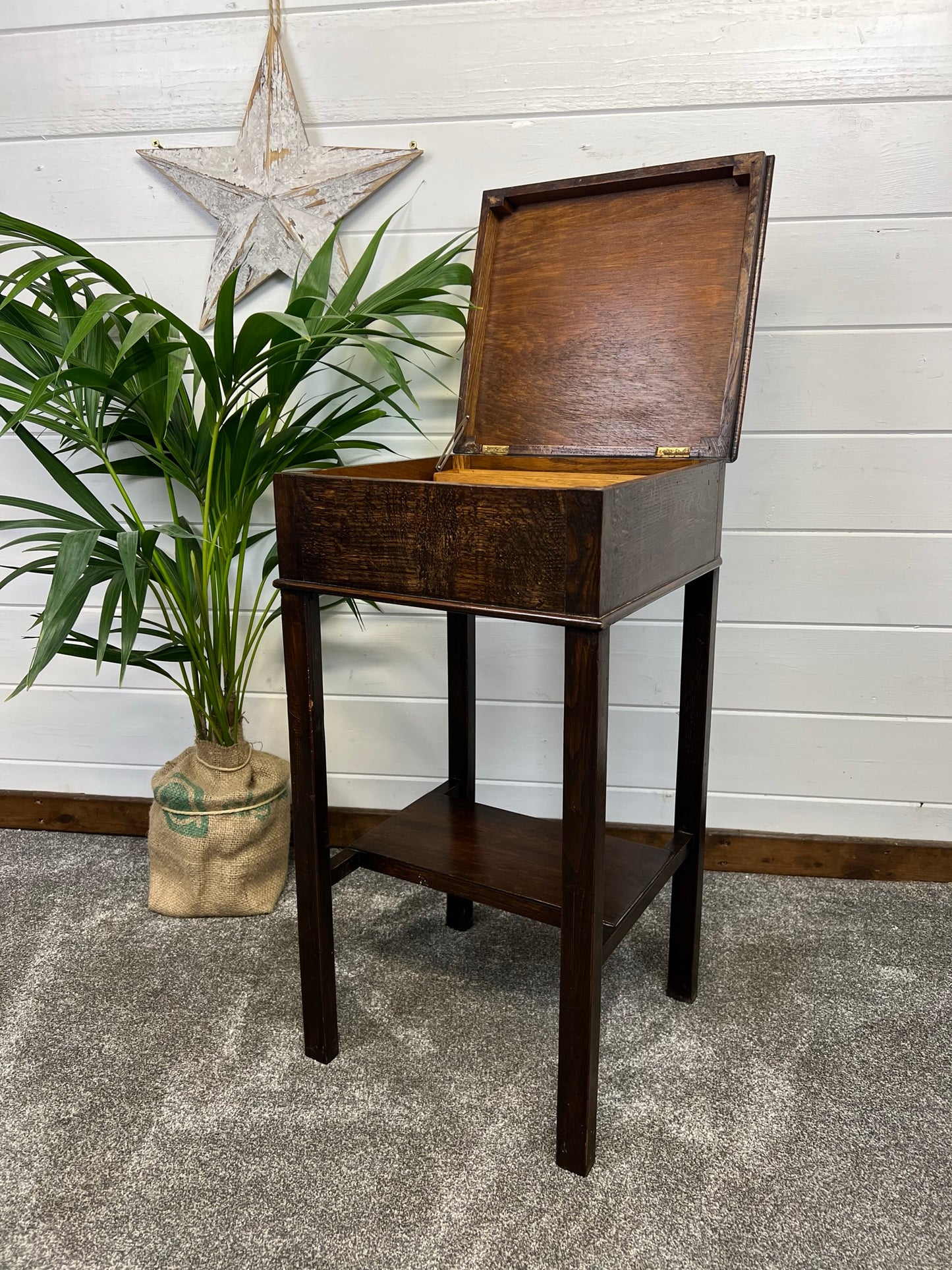 Vintage Mid Century Oak Square Sewing Storage Table Side Hallway Table 50's Art Deco