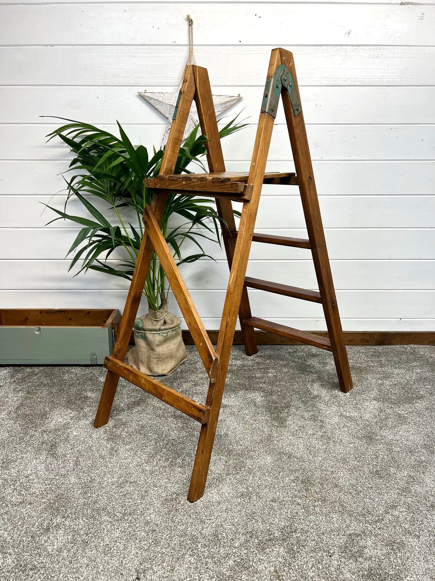 Vintage Wooden Decorative Ladder Reclaimed Waxed Wood Steps Rustic Farmhouse