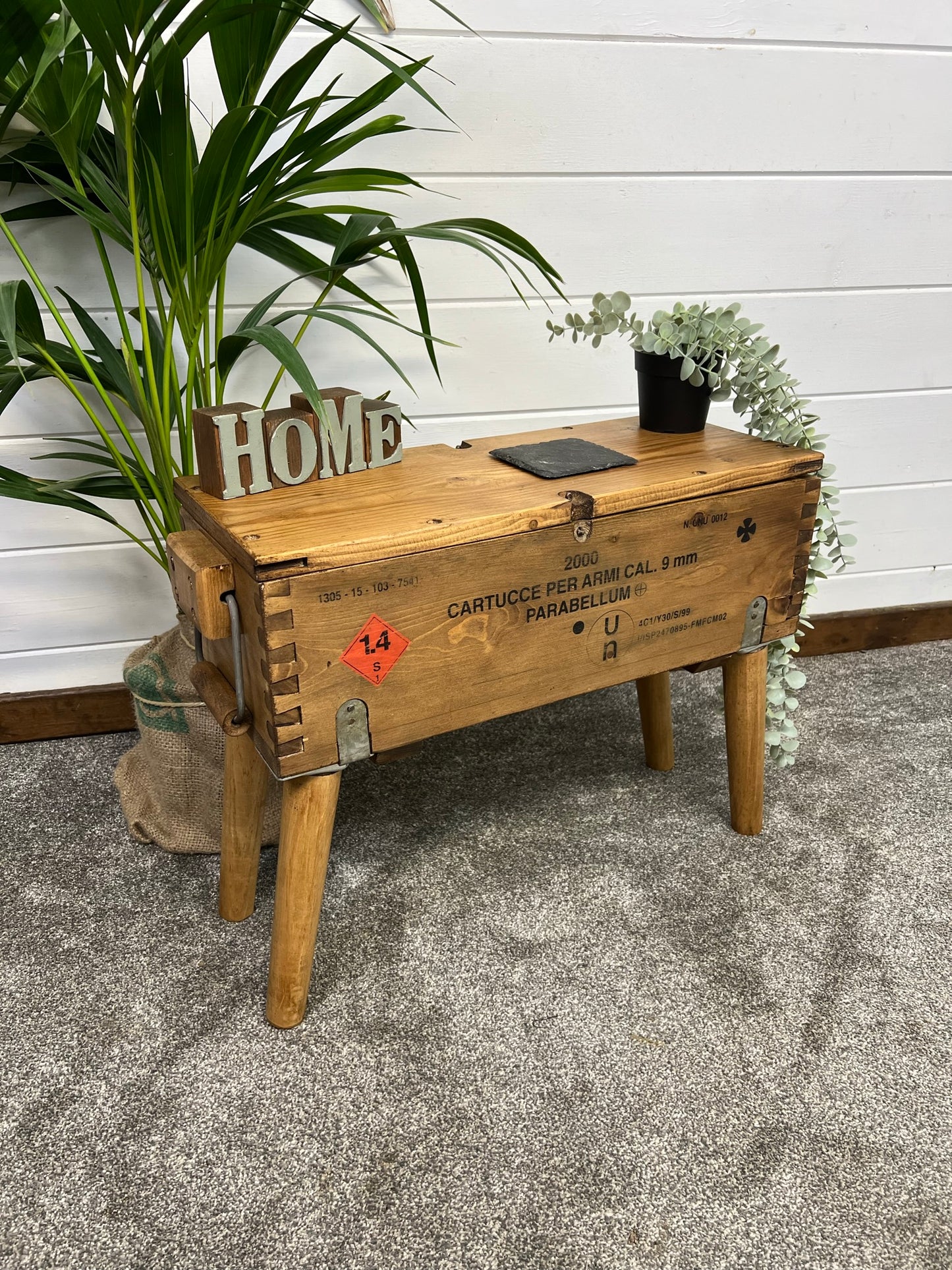 Rustic Wooden Ammo Box Side Table Vintage Storage Chest Industrial Trunk Home Coffee Table