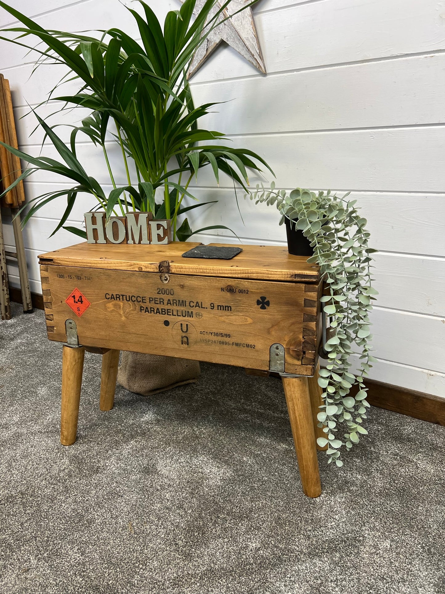 Rustic Wooden Ammo Box Side Table Vintage Storage Chest Industrial Trunk Home Coffee Table