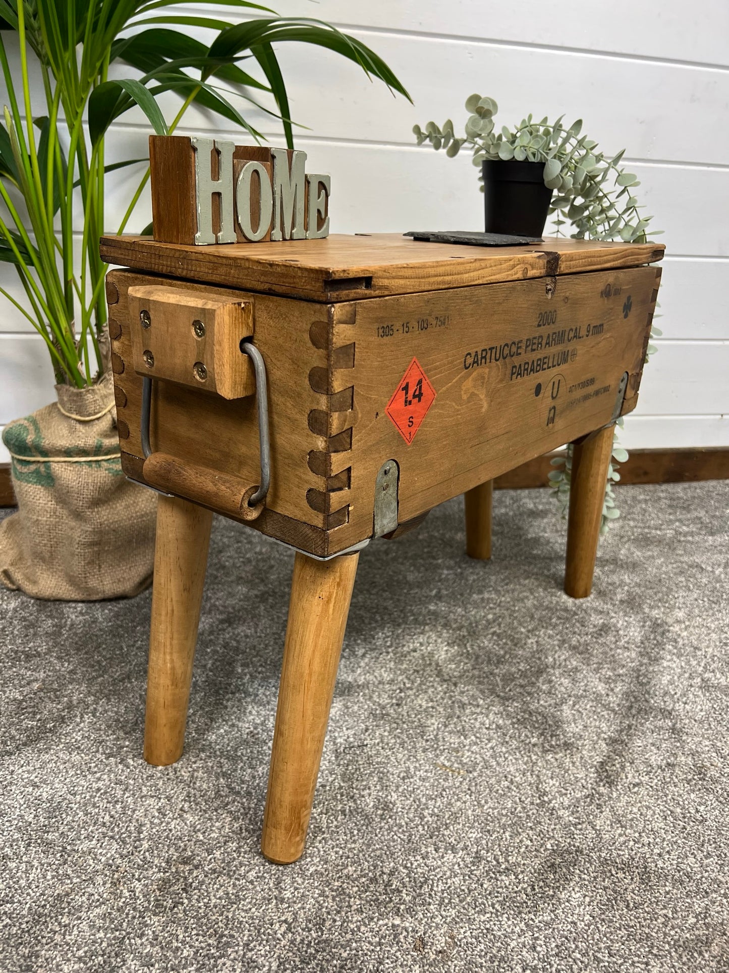 Rustic Wooden Ammo Box Side Table Vintage Storage Chest Industrial Trunk Home Coffee Table