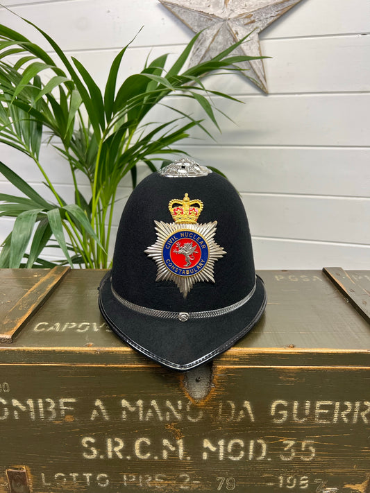 British Bobby Police Helmet Rose Top With Civil Nuclear Constabulary Collector Badge