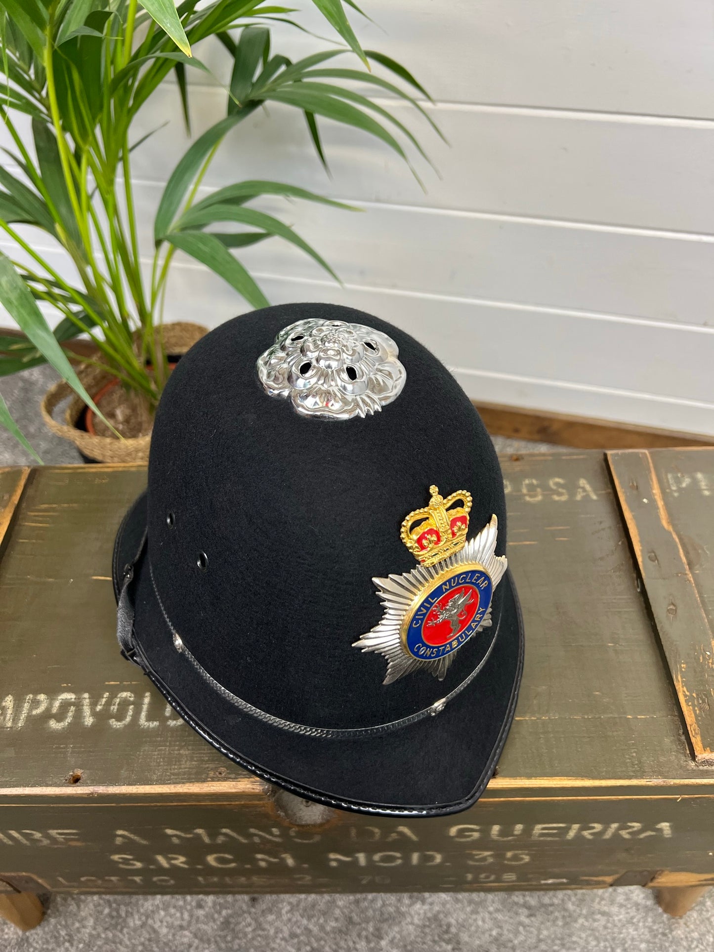 British Bobby Police Helmet Rose Top With Civil Nuclear Constabulary Collector Badge